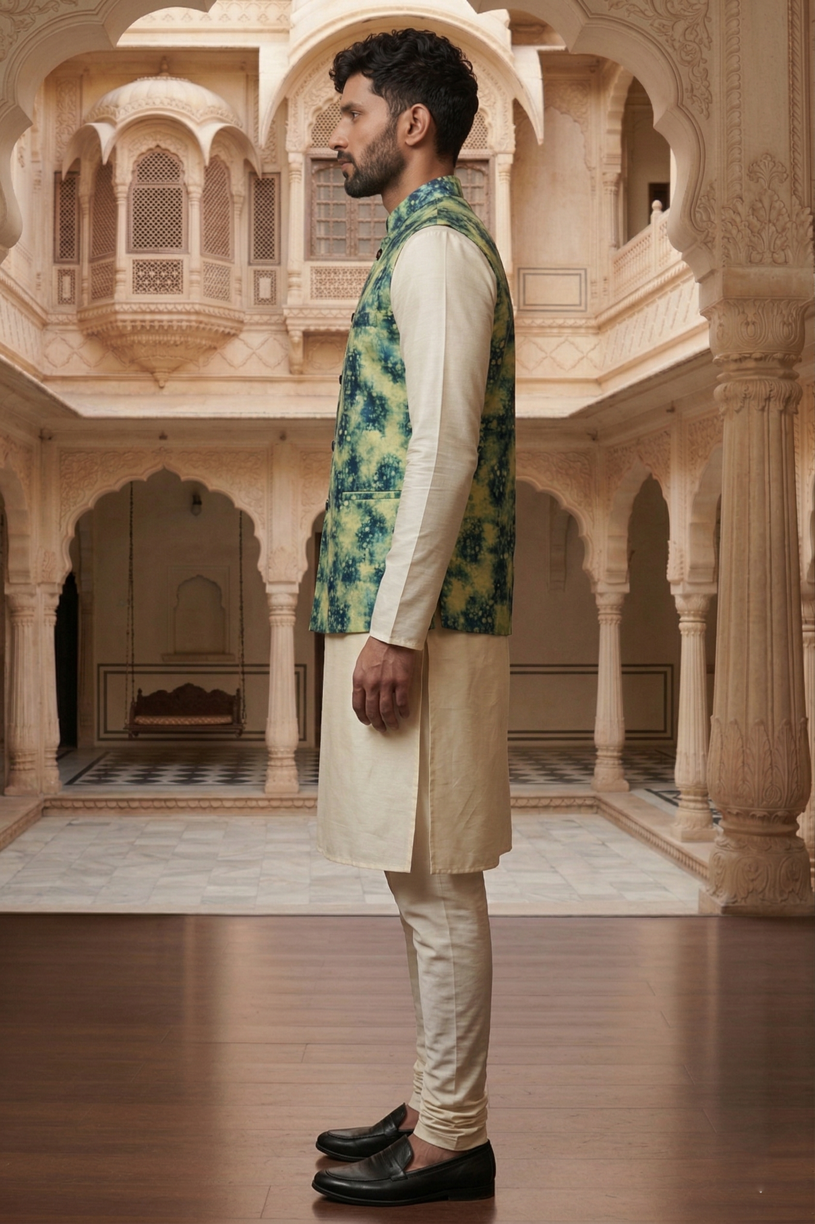 Men's Teal & Lime Green Abstract Print Nehru Jacket with Ivory Silk Blend Kurta Pajama Set - Image 3
