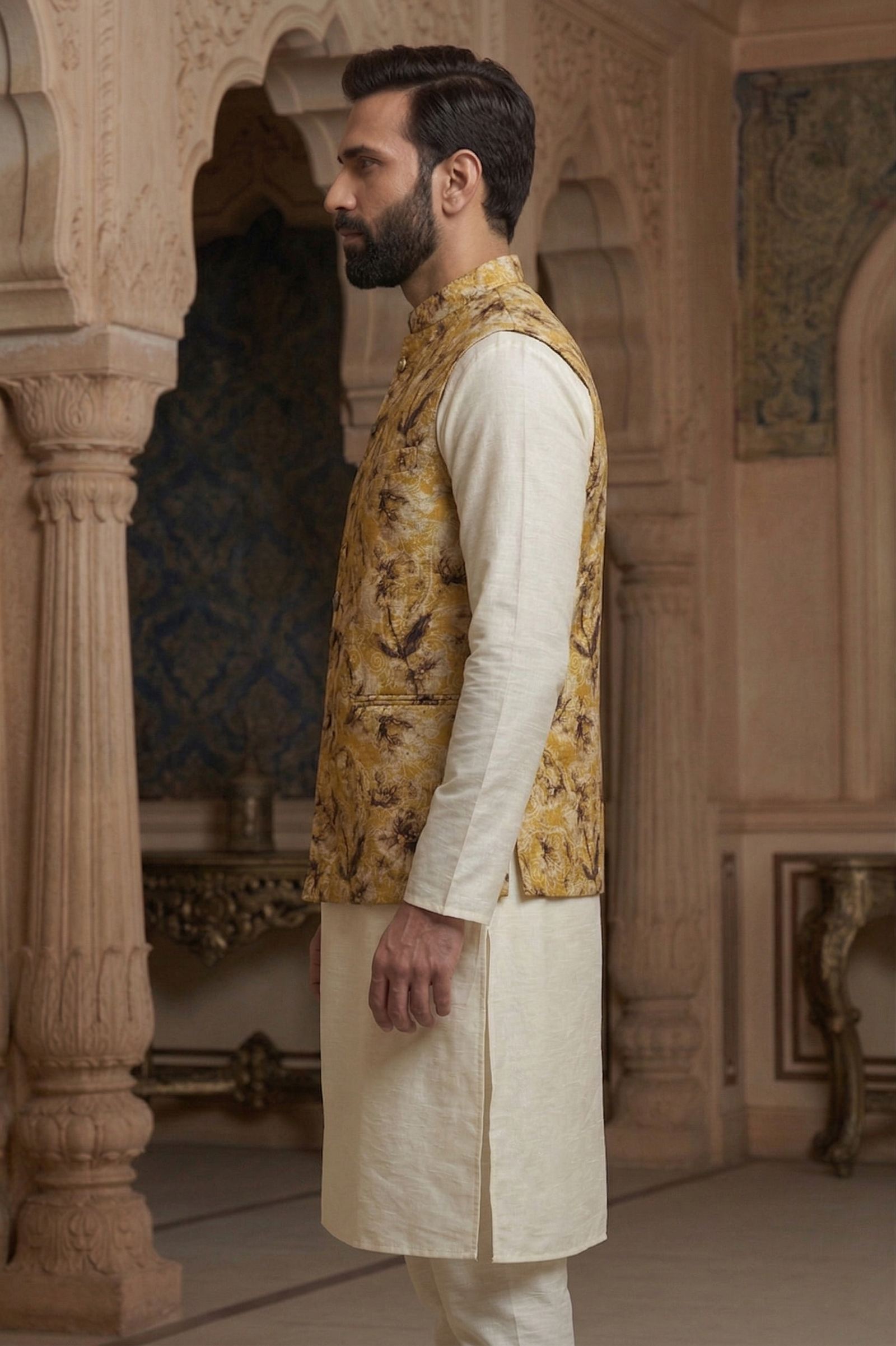 Men's Mustard Gold Floral Printed Nehru Jacket with Off-White Silk Blend Kurta Pajama Set - Image 3