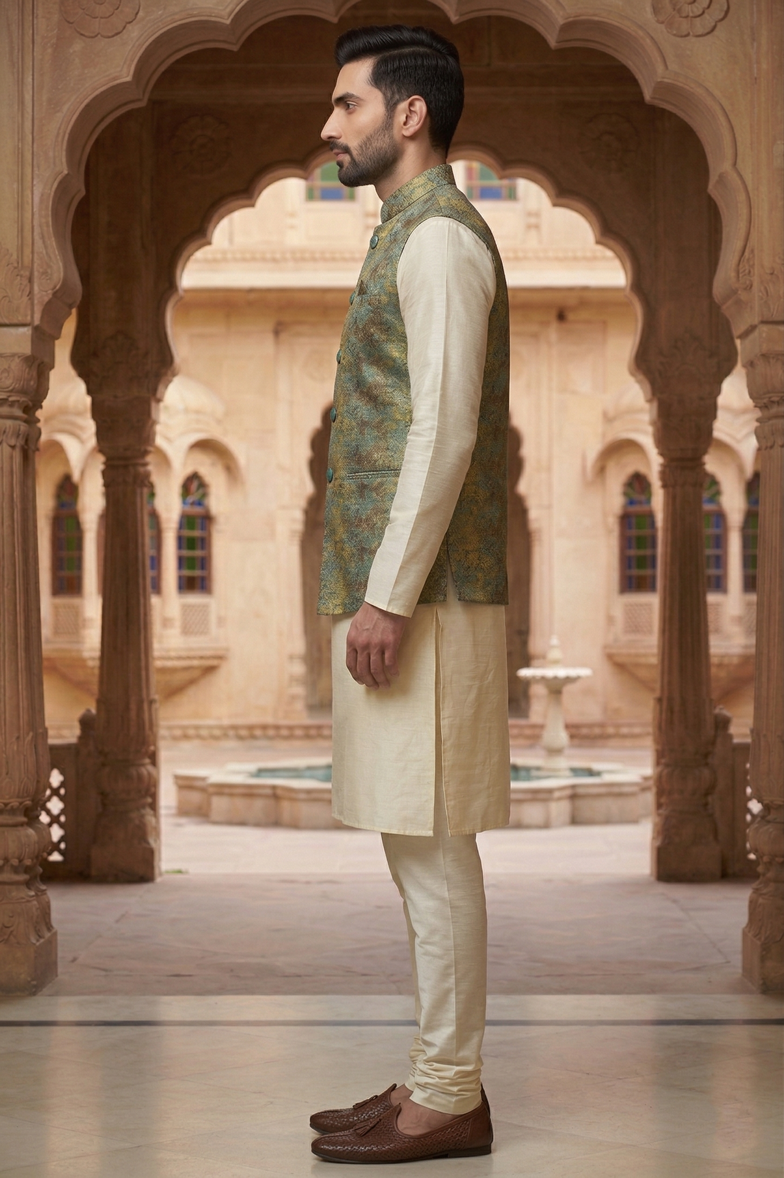 Men's Teal & Gold Metallic Abstract Nehru Jacket with Ivory Silk Blend Kurta Pajama Set - Image 3
