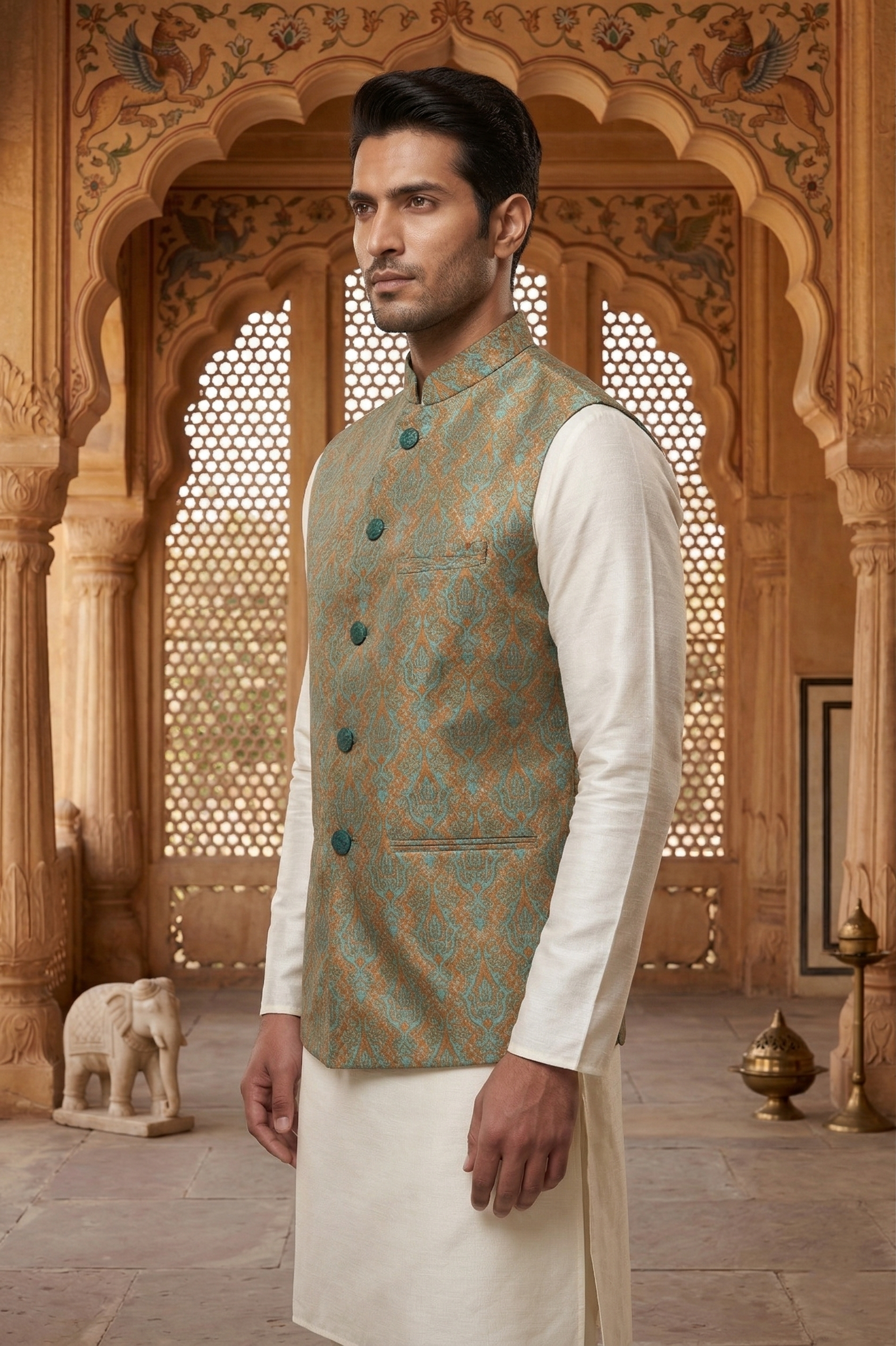 Men's Teal & Burnt Orange Damask Print Nehru Jacket with Ivory Silk Blend Kurta Pajama Set - Image 3