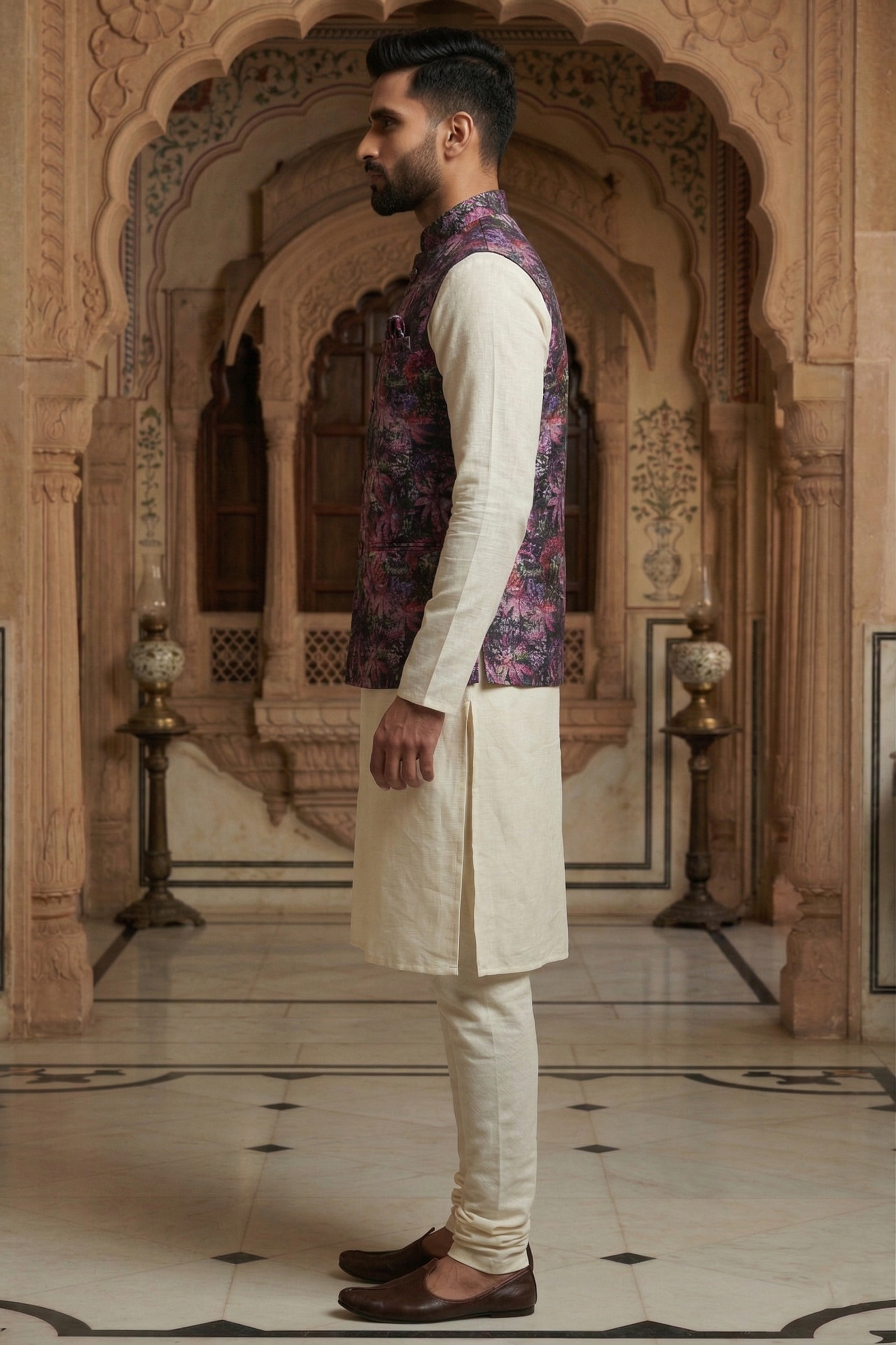 Men's Silk Blend Kurta Pajama Set with Purple Floral Printed Nehru Jacket - Image 3