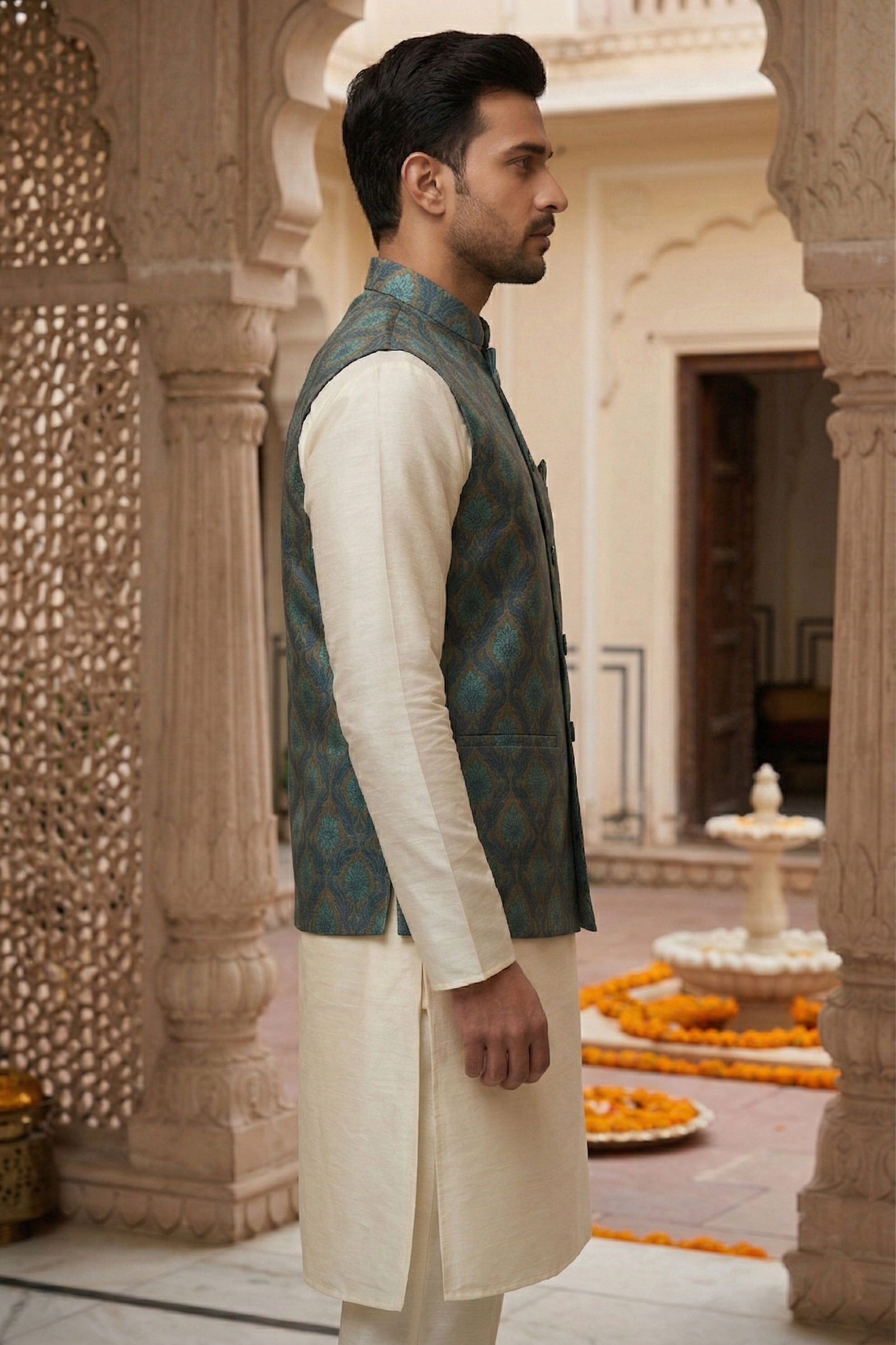 Men's Teal & Seafoam Floral Medallion Print Nehru Jacket with Ivory Silk Blend Kurta Pajama Set - Image 3