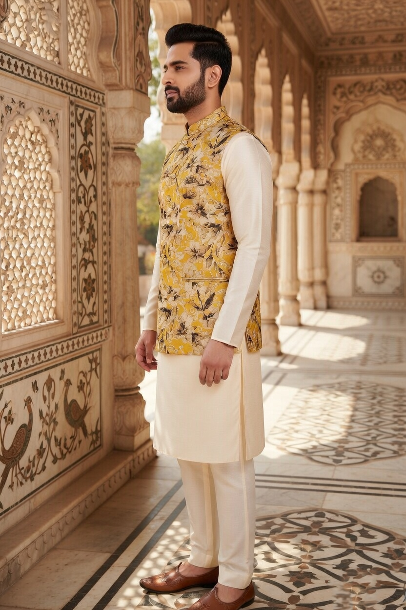 Men’s Mustard Gold Floral Nehru Jacket Set – Premium Sketch-Print Waistcoat with Ivory Silk Blend Kurta & Churidar - Image 3