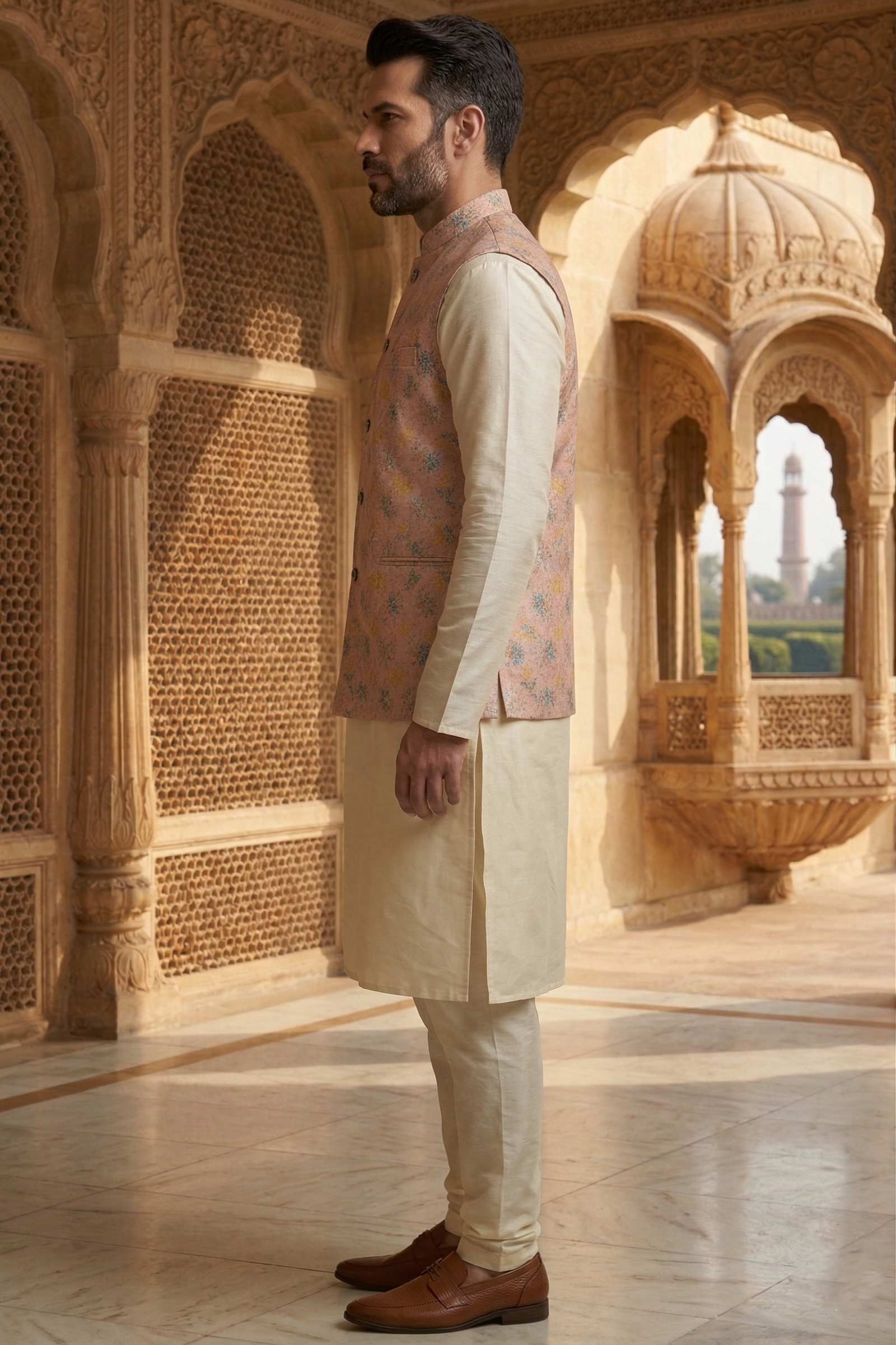 Men's Peach & Blue Floral Nehru Jacket Set – Premium Printed Waistcoat with Cream Silk Blend Kurta & Churidar Pajama - Image 3