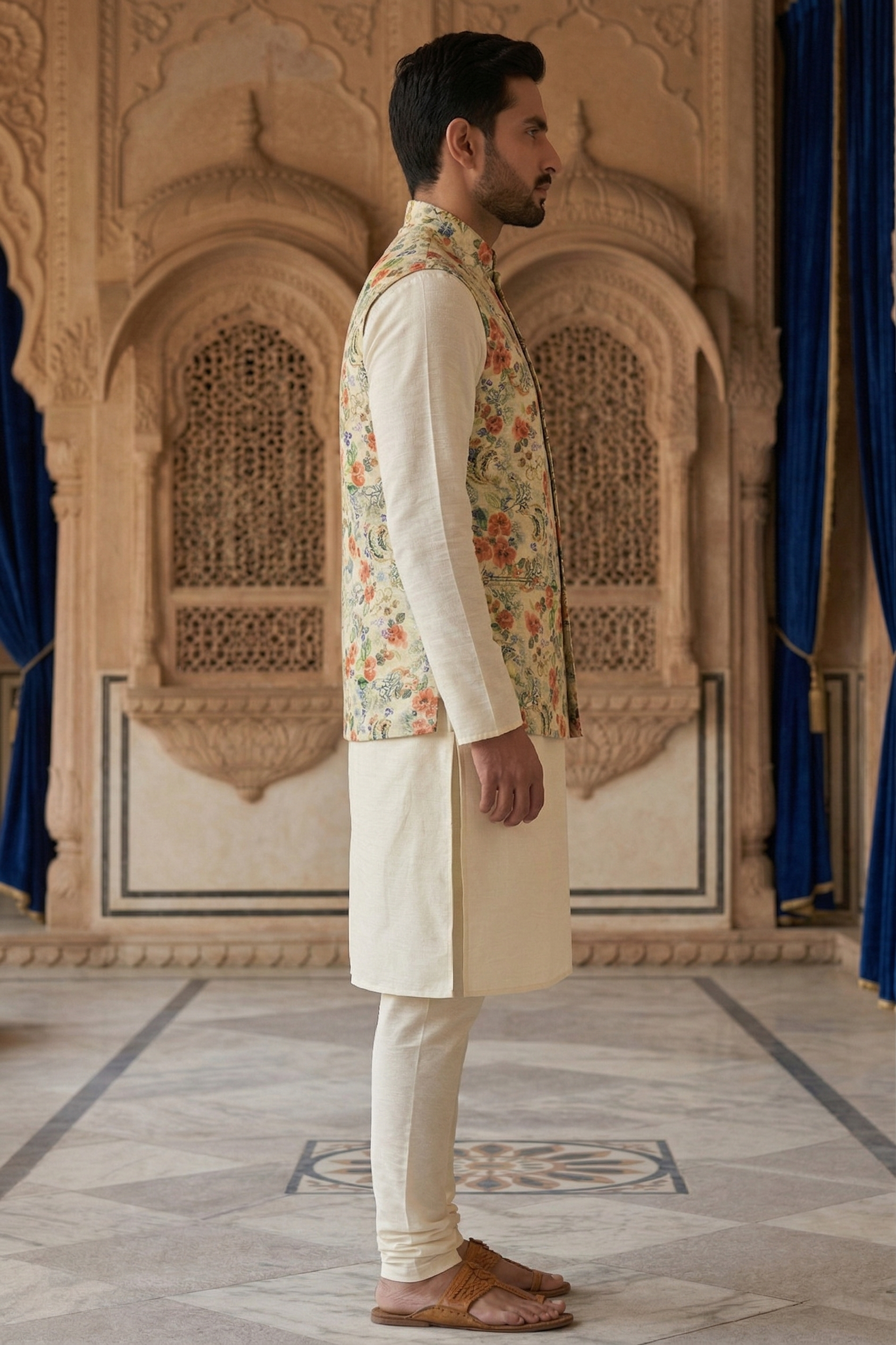 Men's Multi-Color Floral Nehru Jacket Set – Premium Ivory Waistcoat with Peach & Green Prints, Cream Silk Blend Kurta & Pajama - Image 3