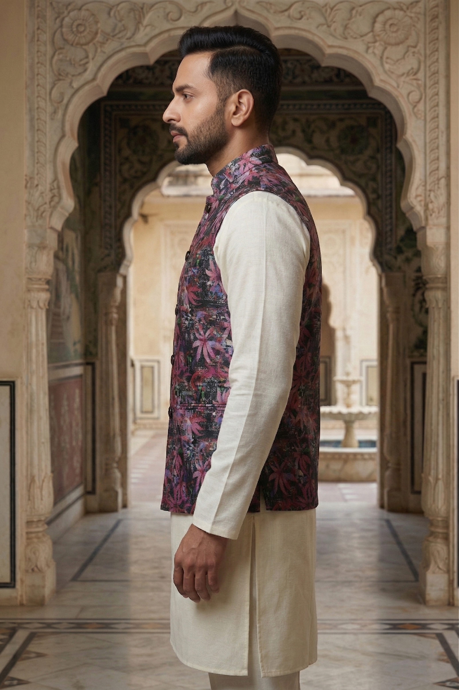 Men's Midnight Violet Floral Nehru Jacket Set – Premium Dark Printed Waistcoat with Off-White Silk Blend Kurta & Pajama - Image 3