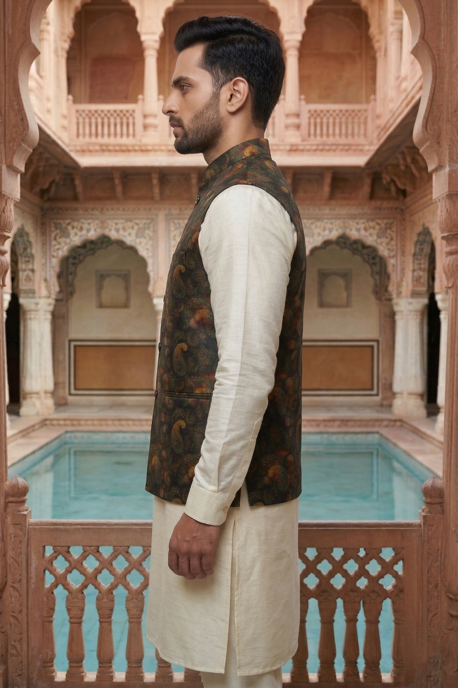 Men's Silk Blend Kurta Pajama Set with Dark Paisley Printed Nehru Jacket - Image 3