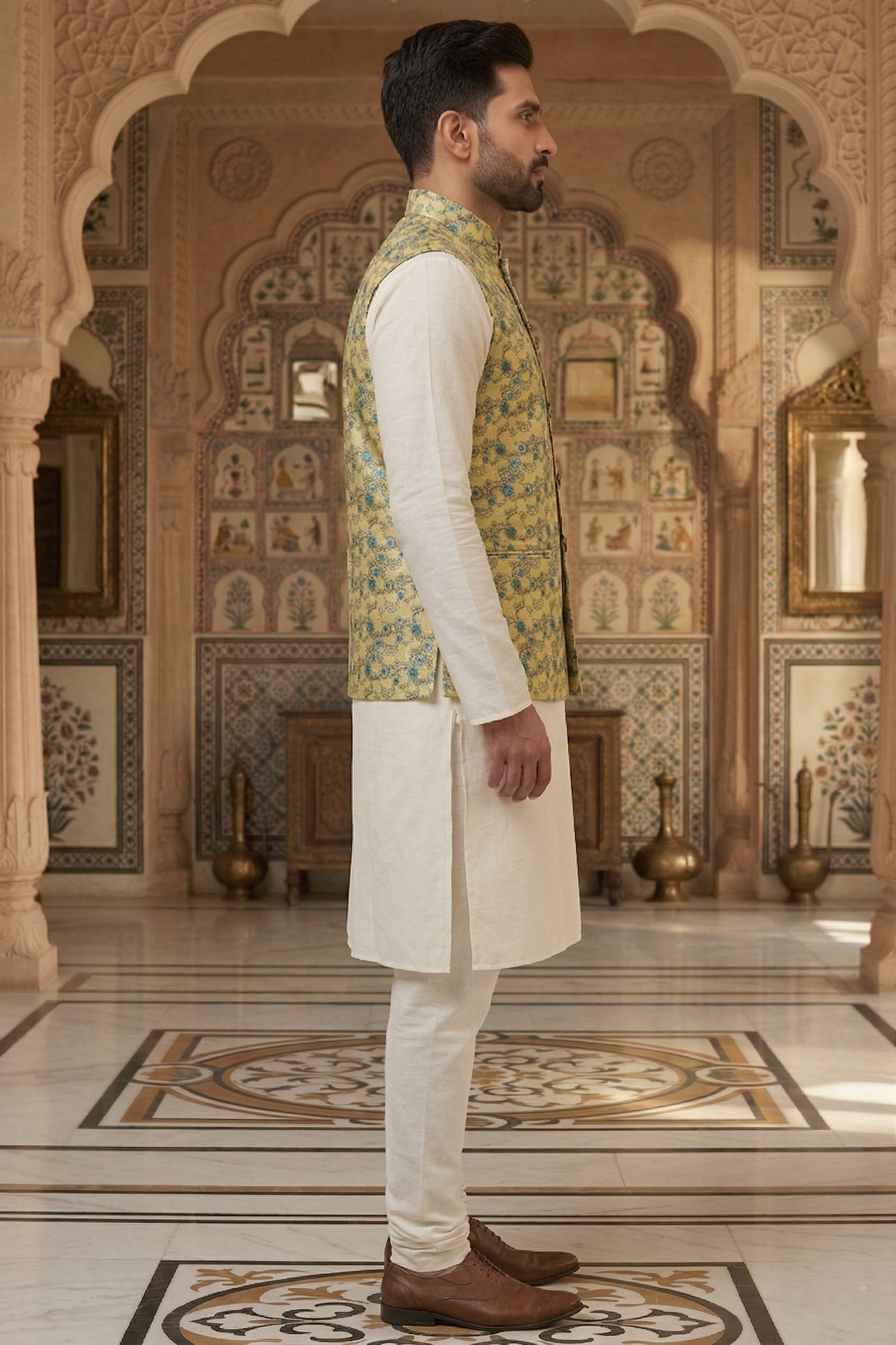 Men's Mustard & Teal Floral Nehru Jacket Set – Premium Silk-Blend Kurta Pajama with Intricate Vine Printed Waistcoat - Image 3