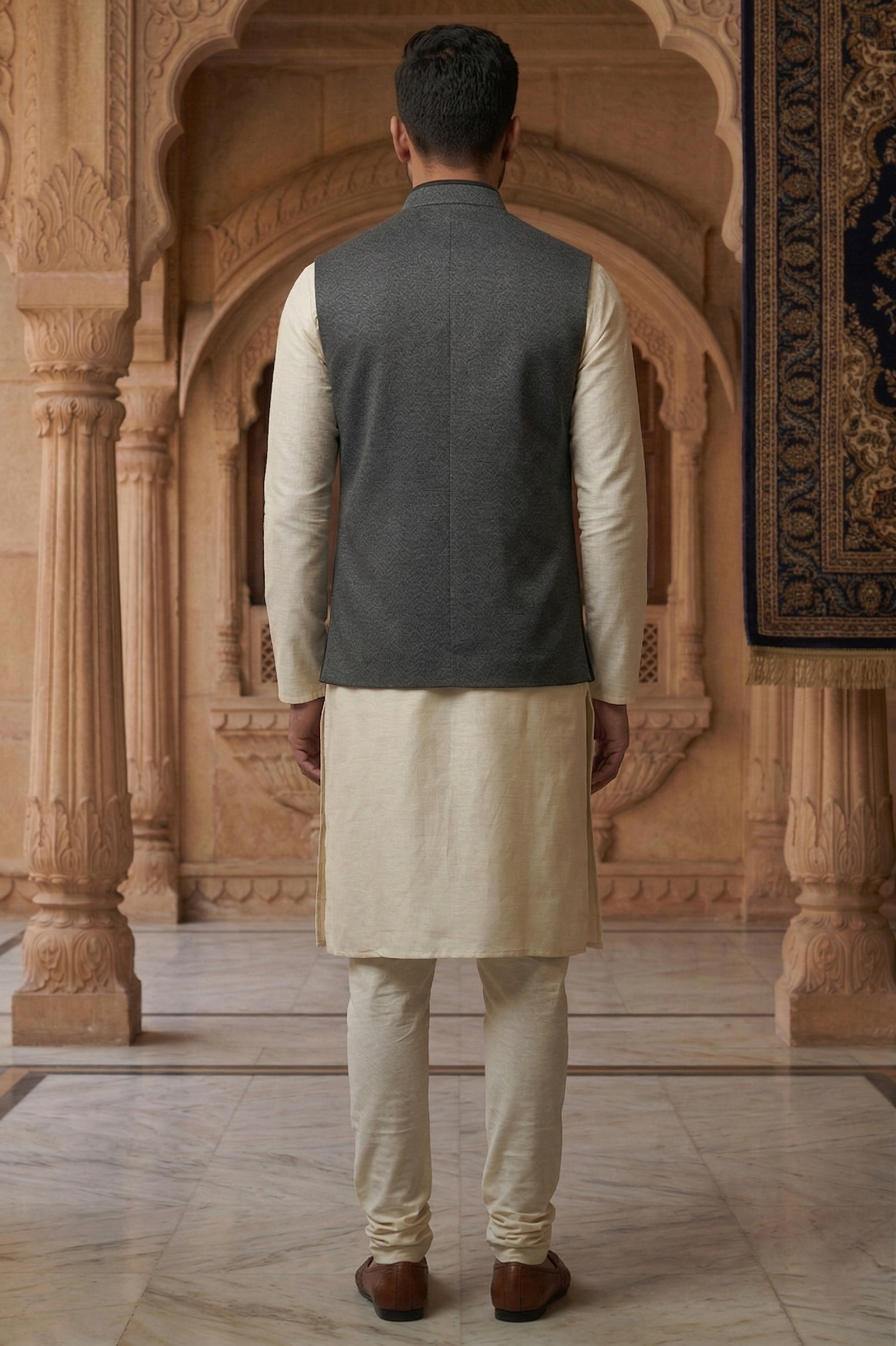 Men’s Modern Charcoal Textured Nehru Jacket Set – Open-Front Waistcoat with Black Piping, Cream Silk Blend Kurta & Pajama - Image 3