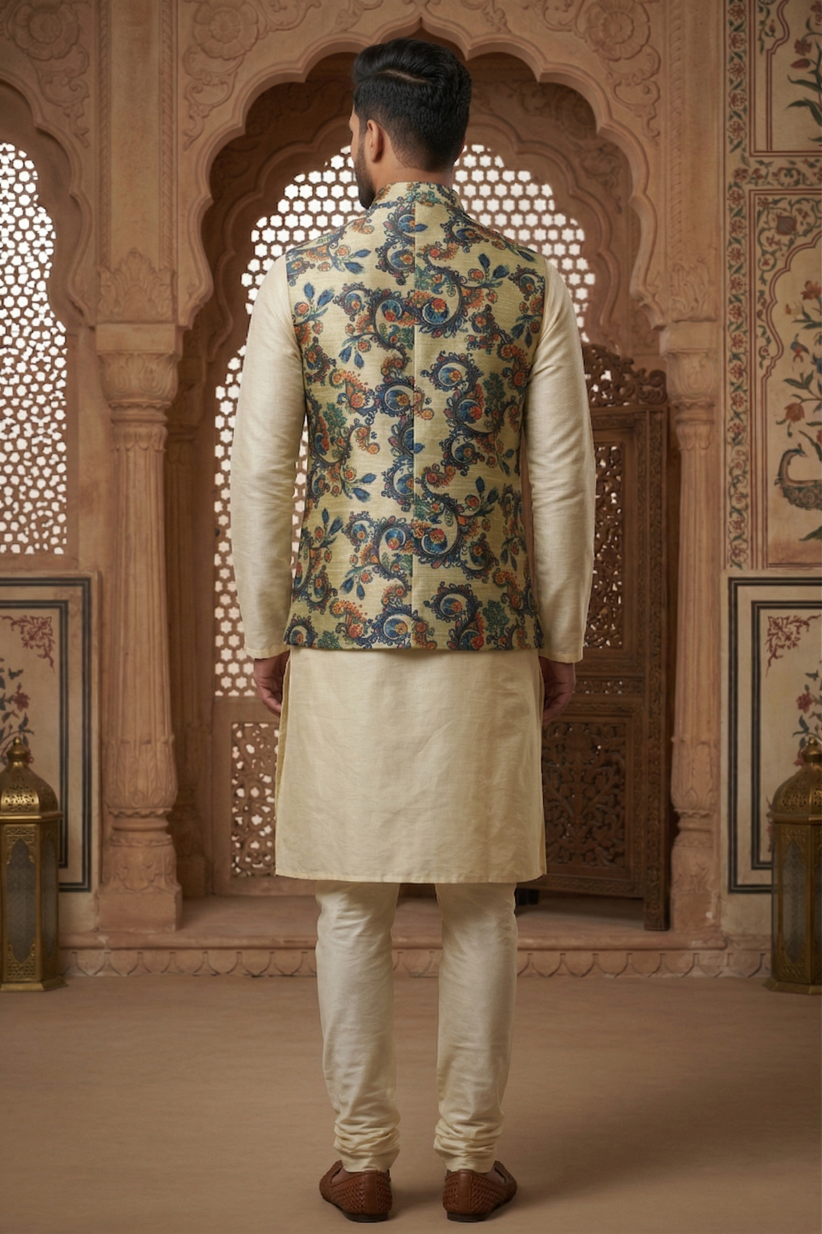 Men's Silk Blend Kurta Pajama Set with Vintage Kalamkari Print Nehru Jacket - Image 4