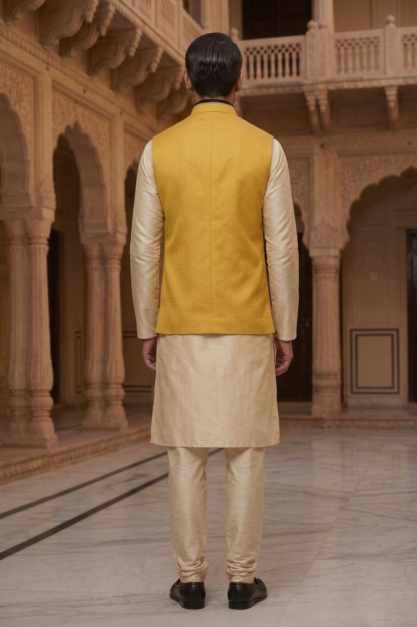 Men’s Mustard Yellow Nehru Jacket with Cream Silk Blend Kurta Pajama Set - Image 4