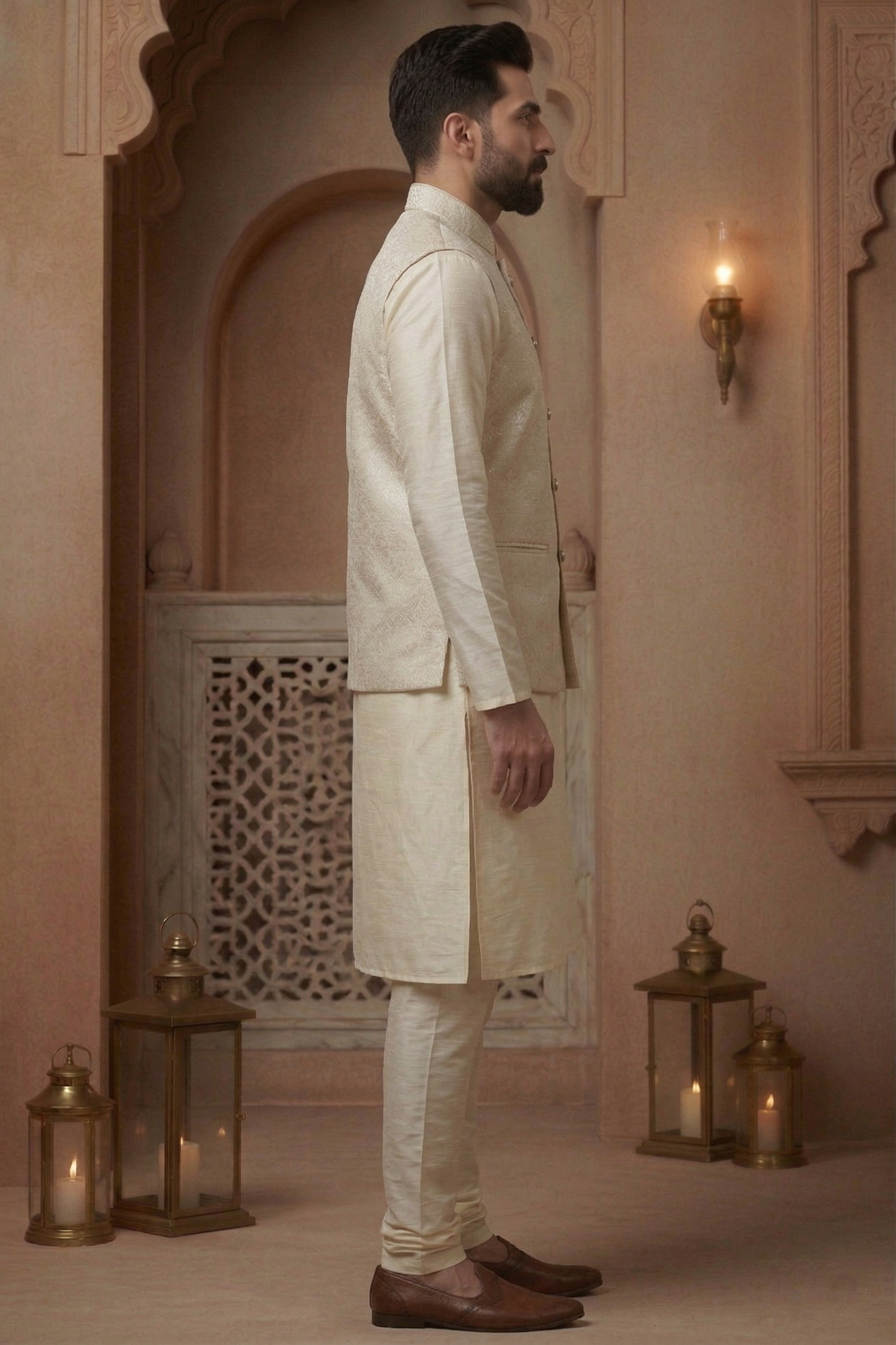 Men’s Ivory Silk Kurta Pajama Set with Jacquard Nehru Jacket - Image 4