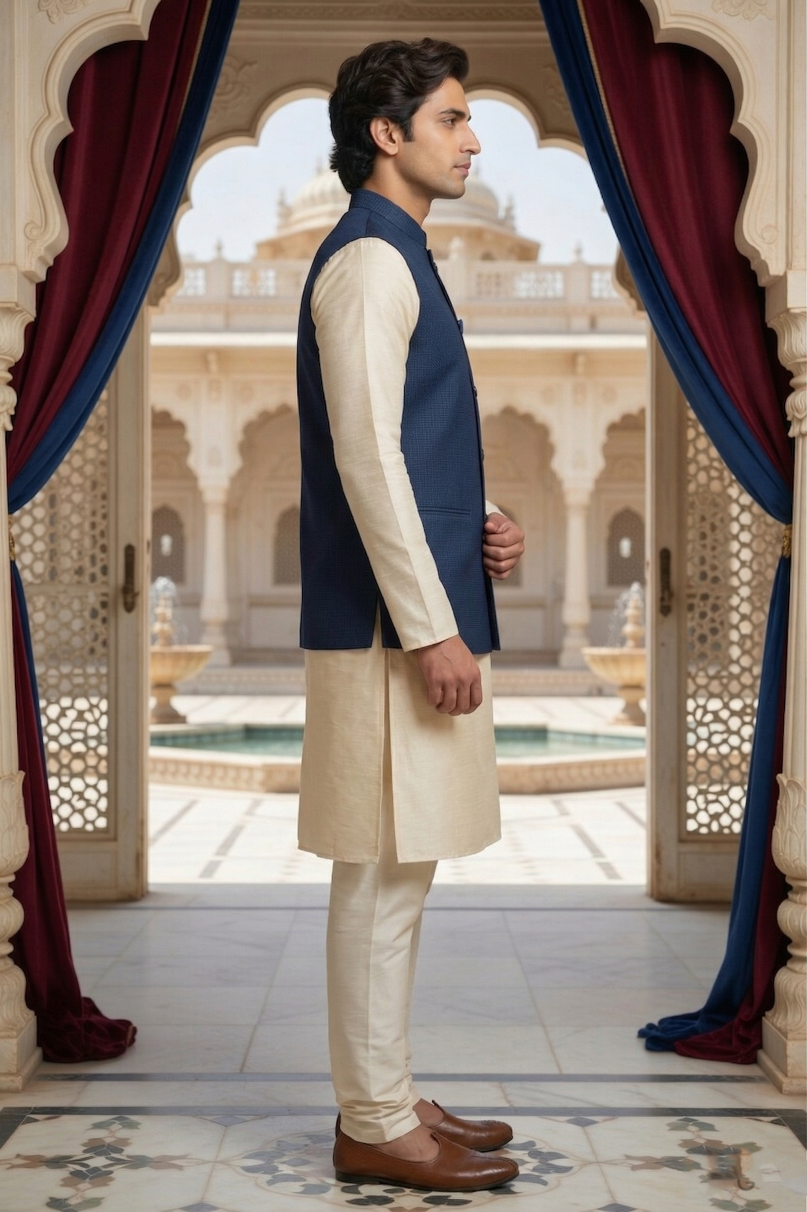 Men’s Midnight Navy Textured Nehru Jacket & Champagne Silk Blend Kurta Pajama Set - Image 4