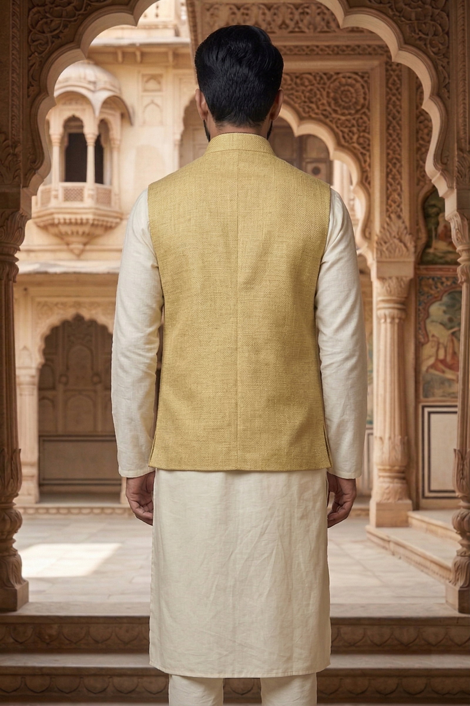Men’s Mustard Yellow Textured Nehru Jacket & Silk Blend Kurta Pajama Set - Image 4