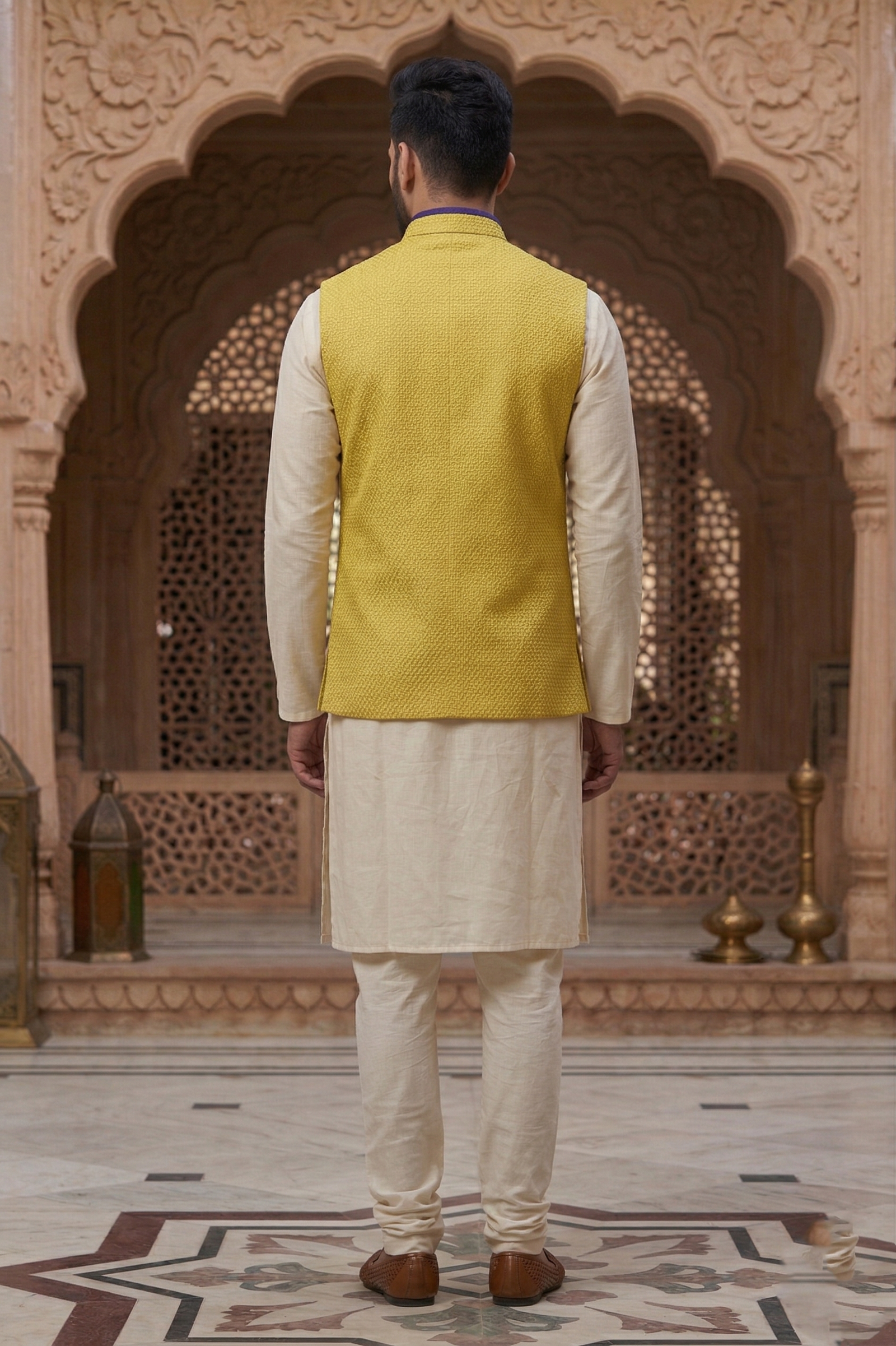 Men’s Lemon Yellow Textured Nehru Jacket & Silk Blend Kurta Pajama Set - Image 4