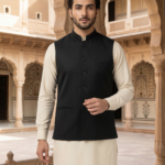 Men’s Premium Black Nehru Jacket Waistcoat with Cream Kurta Pajama Set
