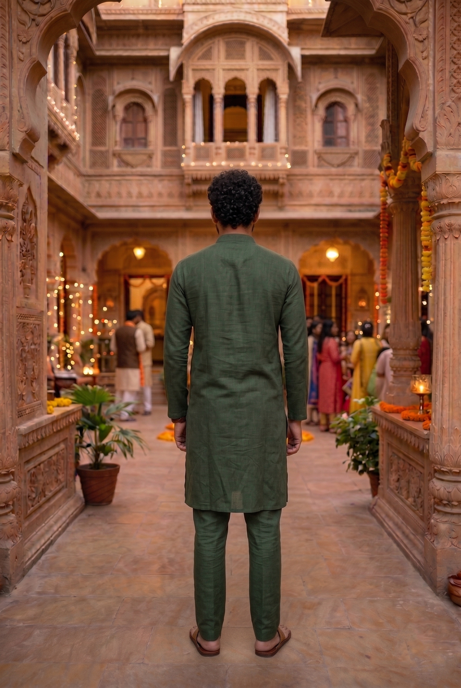 Men's Forest Green Cotton Linen Kurta Pajama Set - Image 4