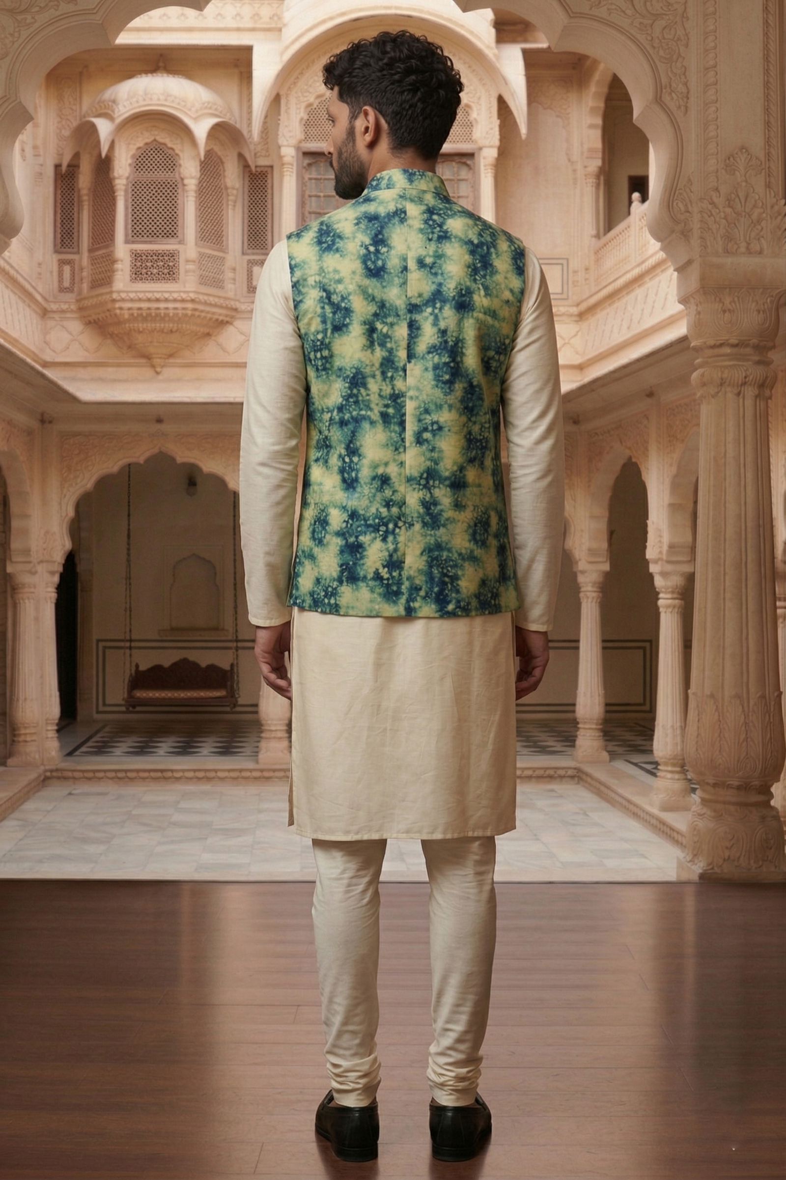 Men's Teal & Lime Green Abstract Print Nehru Jacket with Ivory Silk Blend Kurta Pajama Set - Image 4