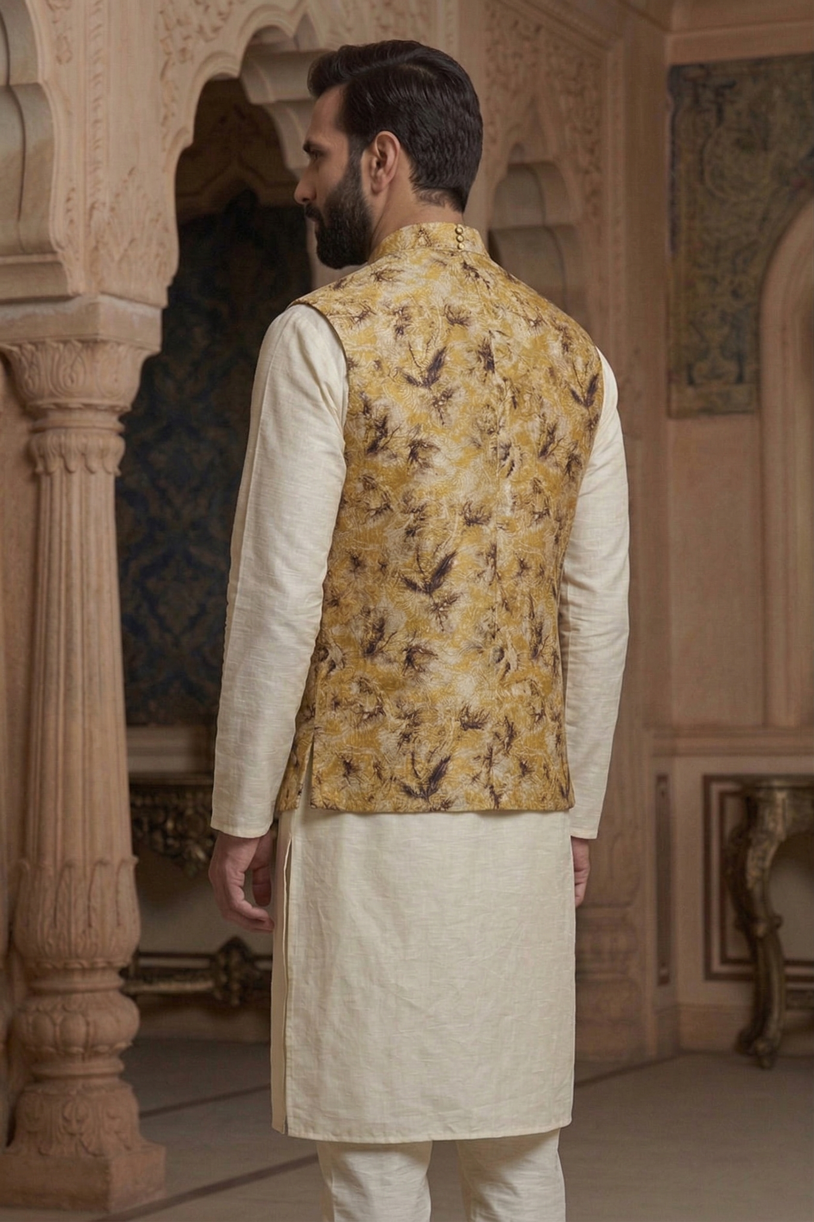 Men's Mustard Gold Floral Printed Nehru Jacket with Off-White Silk Blend Kurta Pajama Set - Image 2