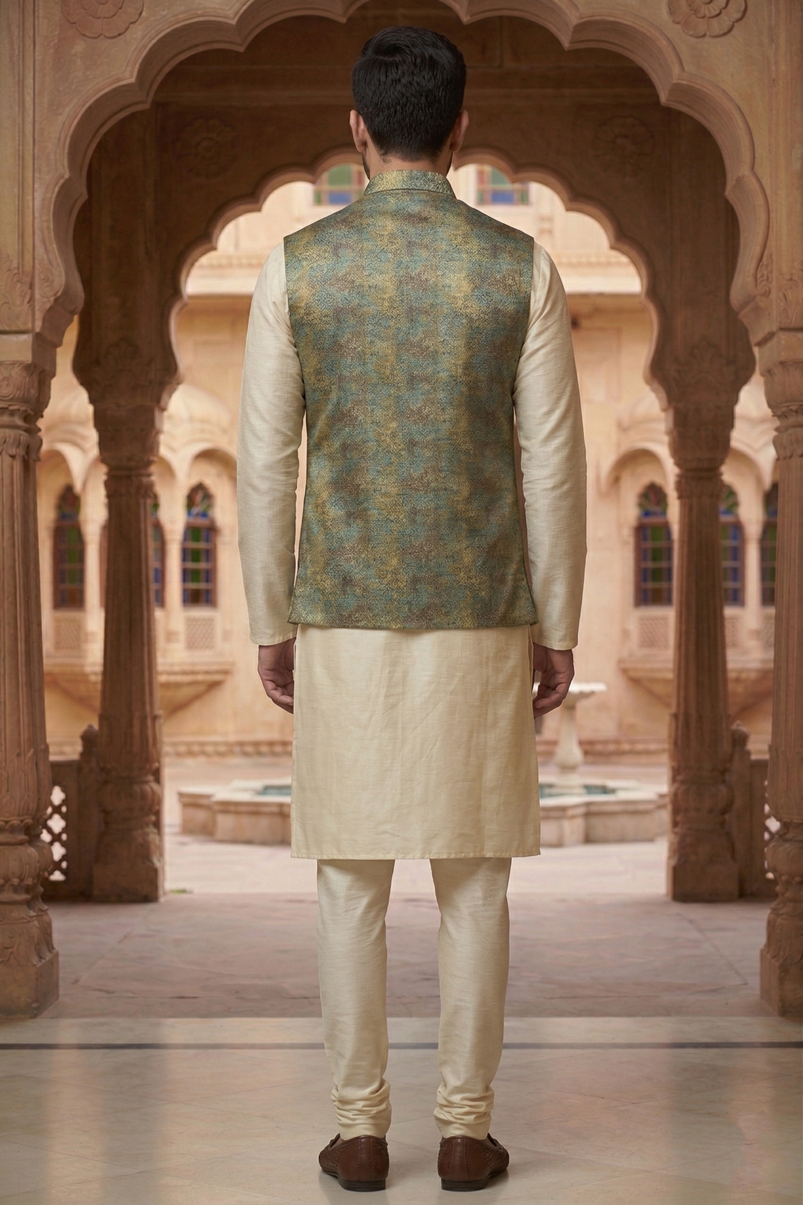 Men's Teal & Gold Metallic Abstract Nehru Jacket with Ivory Silk Blend Kurta Pajama Set - Image 4