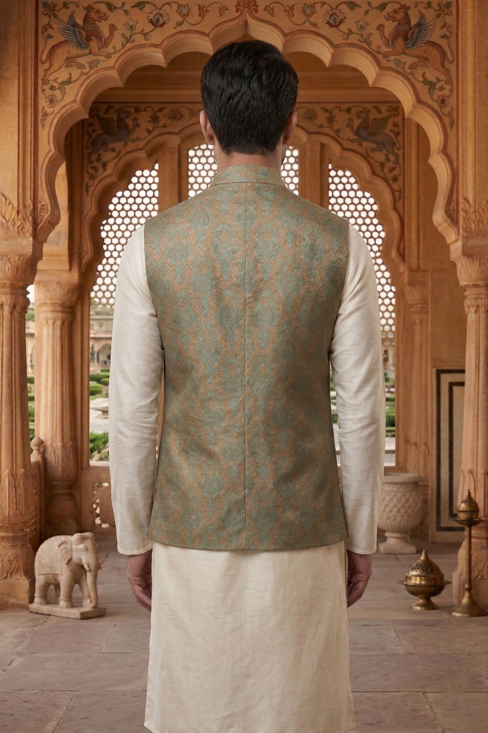 Men's Teal & Burnt Orange Damask Print Nehru Jacket with Ivory Silk Blend Kurta Pajama Set - Image 4