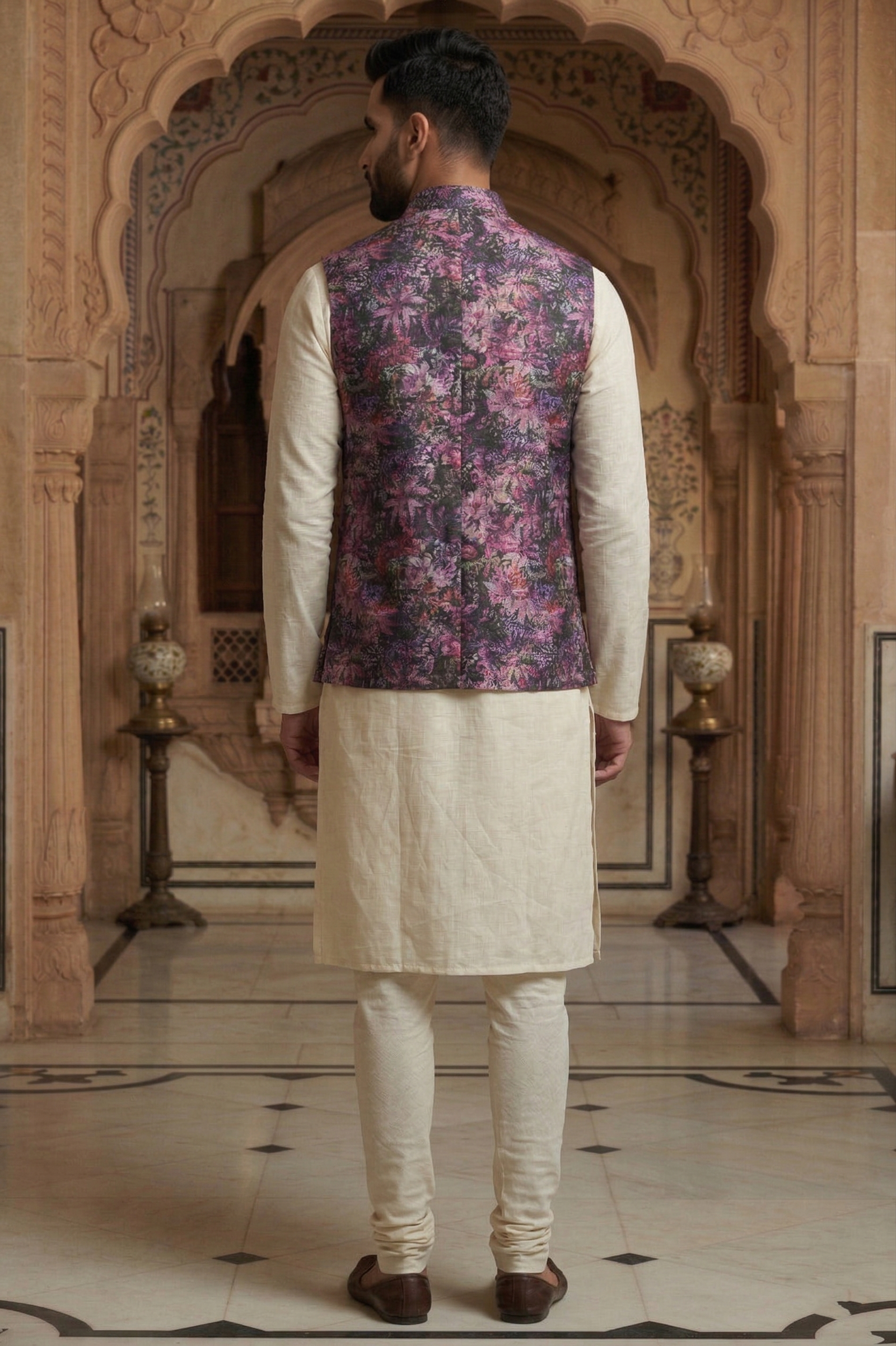 Men's Silk Blend Kurta Pajama Set with Purple Floral Printed Nehru Jacket - Image 4