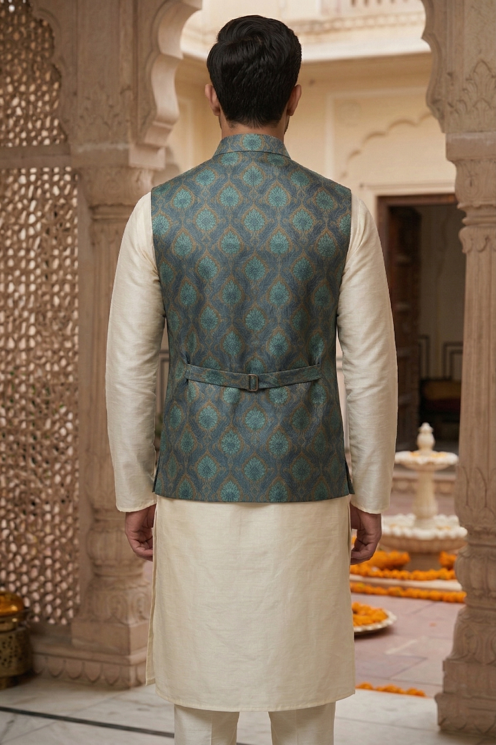 Men's Teal & Seafoam Floral Medallion Print Nehru Jacket with Ivory Silk Blend Kurta Pajama Set - Image 4