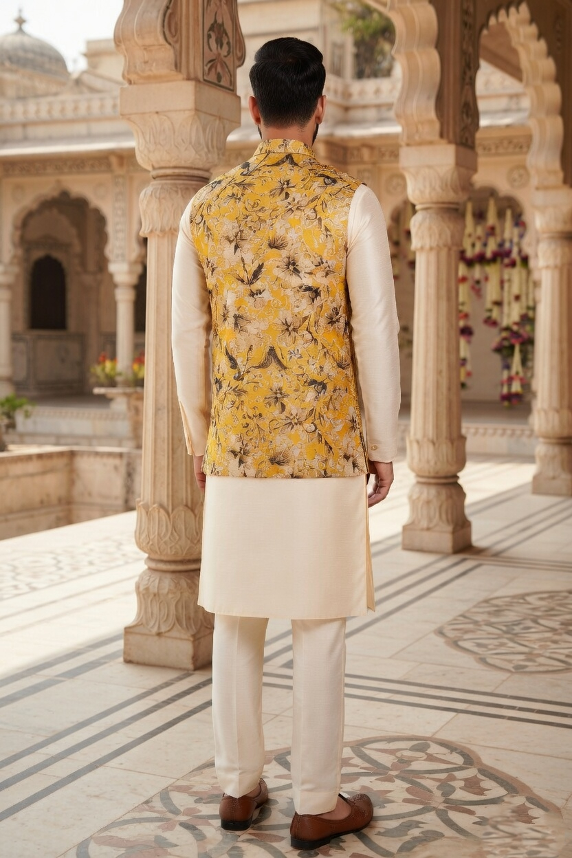 Men’s Mustard Gold Floral Nehru Jacket Set – Premium Sketch-Print Waistcoat with Ivory Silk Blend Kurta & Churidar - Image 4