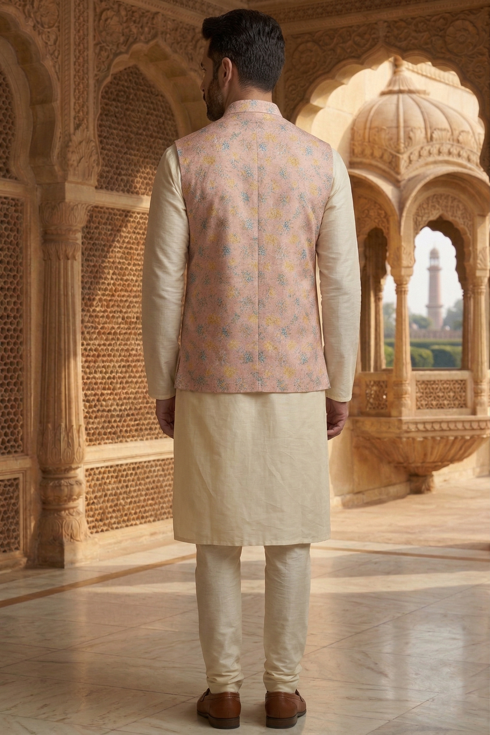 Men's Peach & Blue Floral Nehru Jacket Set – Premium Printed Waistcoat with Cream Silk Blend Kurta & Churidar Pajama - Image 4