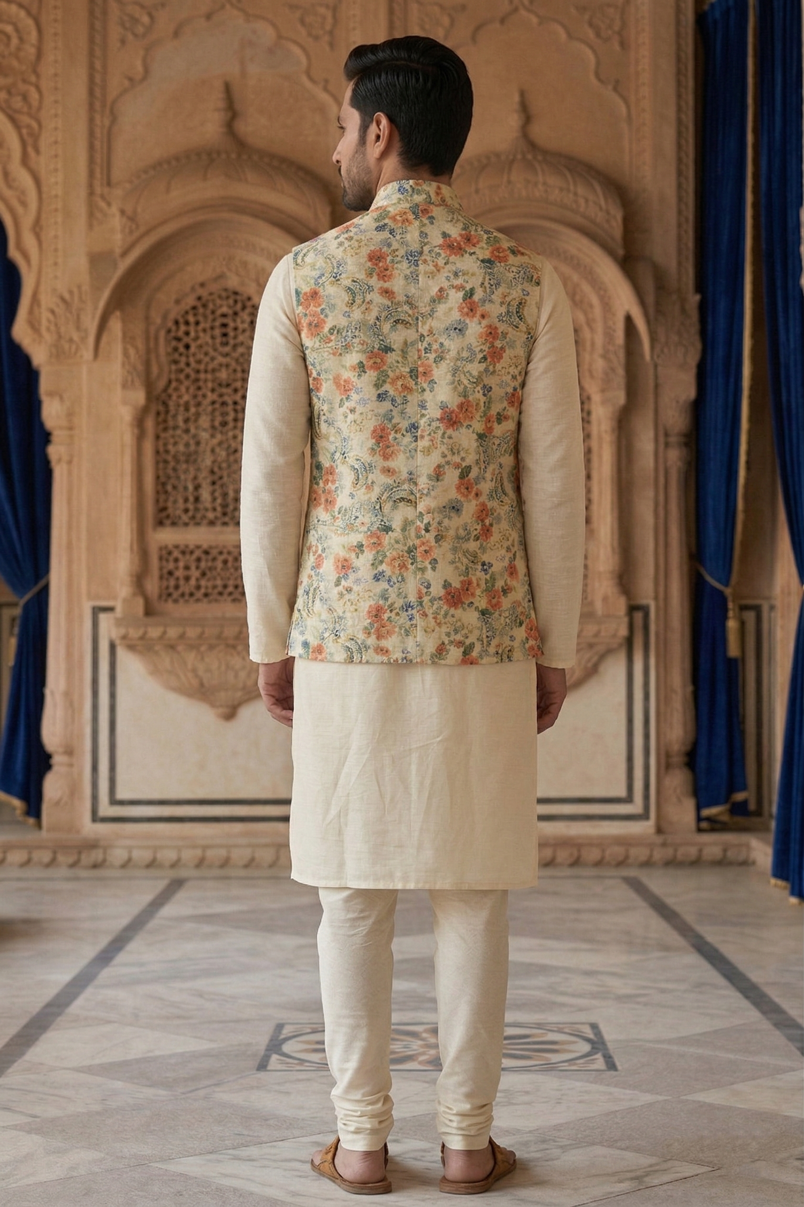 Men's Multi-Color Floral Nehru Jacket Set – Premium Ivory Waistcoat with Peach & Green Prints, Cream Silk Blend Kurta & Pajama - Image 4