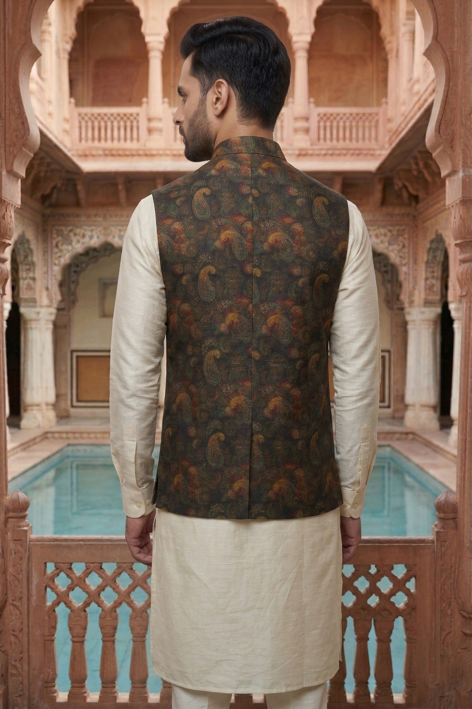 Men's Silk Blend Kurta Pajama Set with Dark Paisley Printed Nehru Jacket - Image 4
