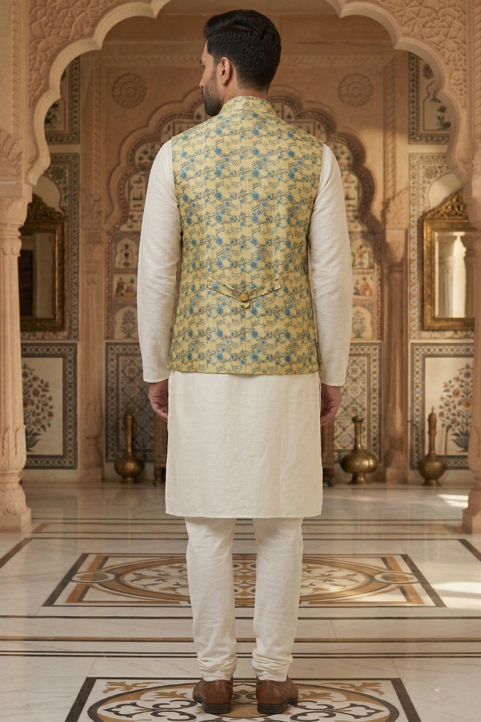 Men's Mustard & Teal Floral Nehru Jacket Set – Premium Silk-Blend Kurta Pajama with Intricate Vine Printed Waistcoat - Image 4