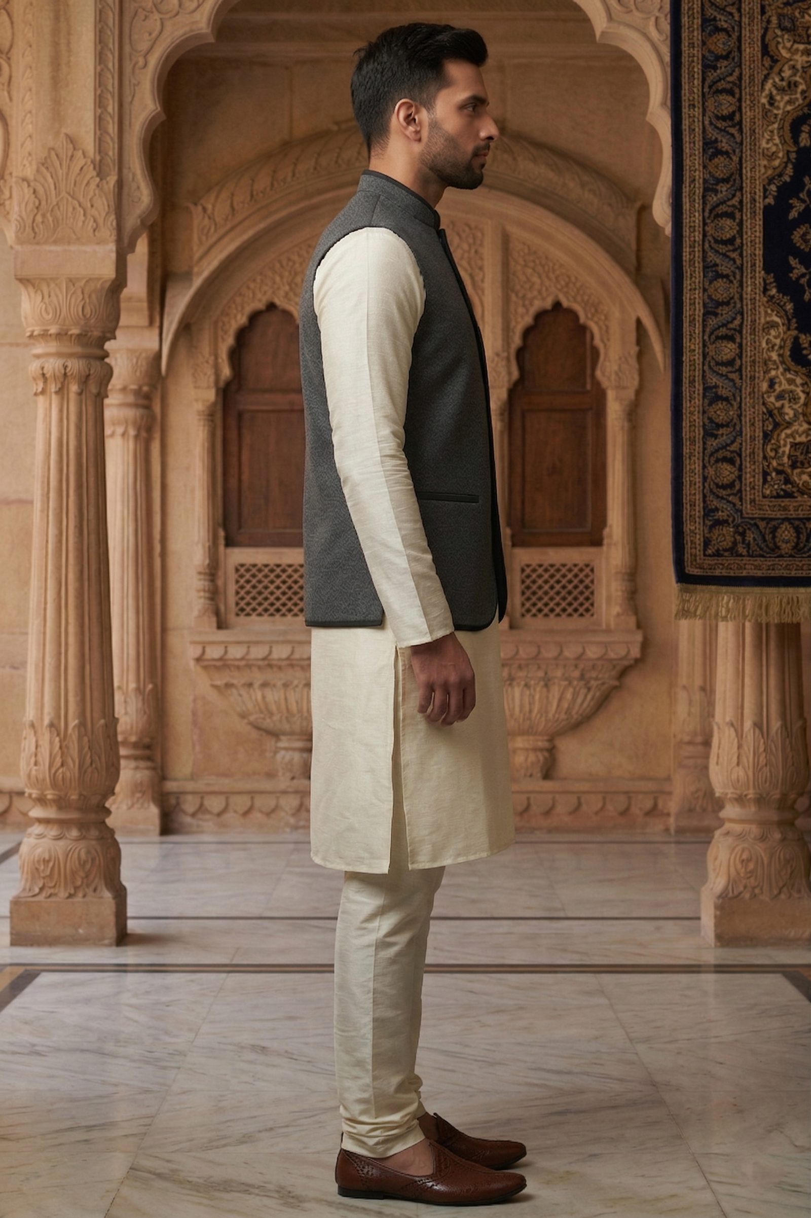 Men’s Modern Charcoal Textured Nehru Jacket Set – Open-Front Waistcoat with Black Piping, Cream Silk Blend Kurta & Pajama - Image 4