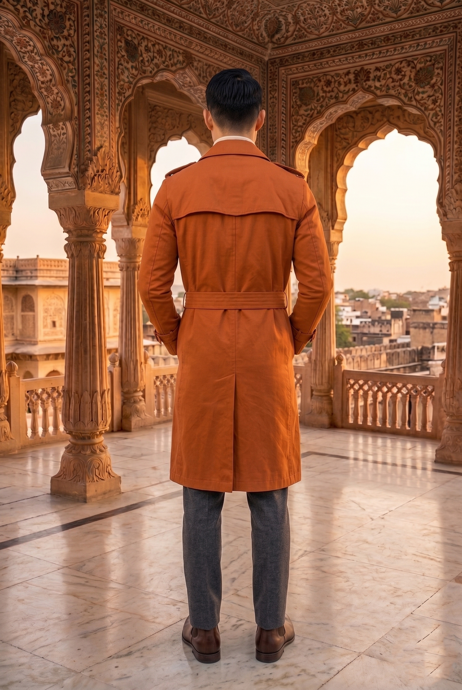 Men's Designer Burnt Orange Trench Coat – Slim Fit Double-Breasted Fashion Overcoat - Image 4