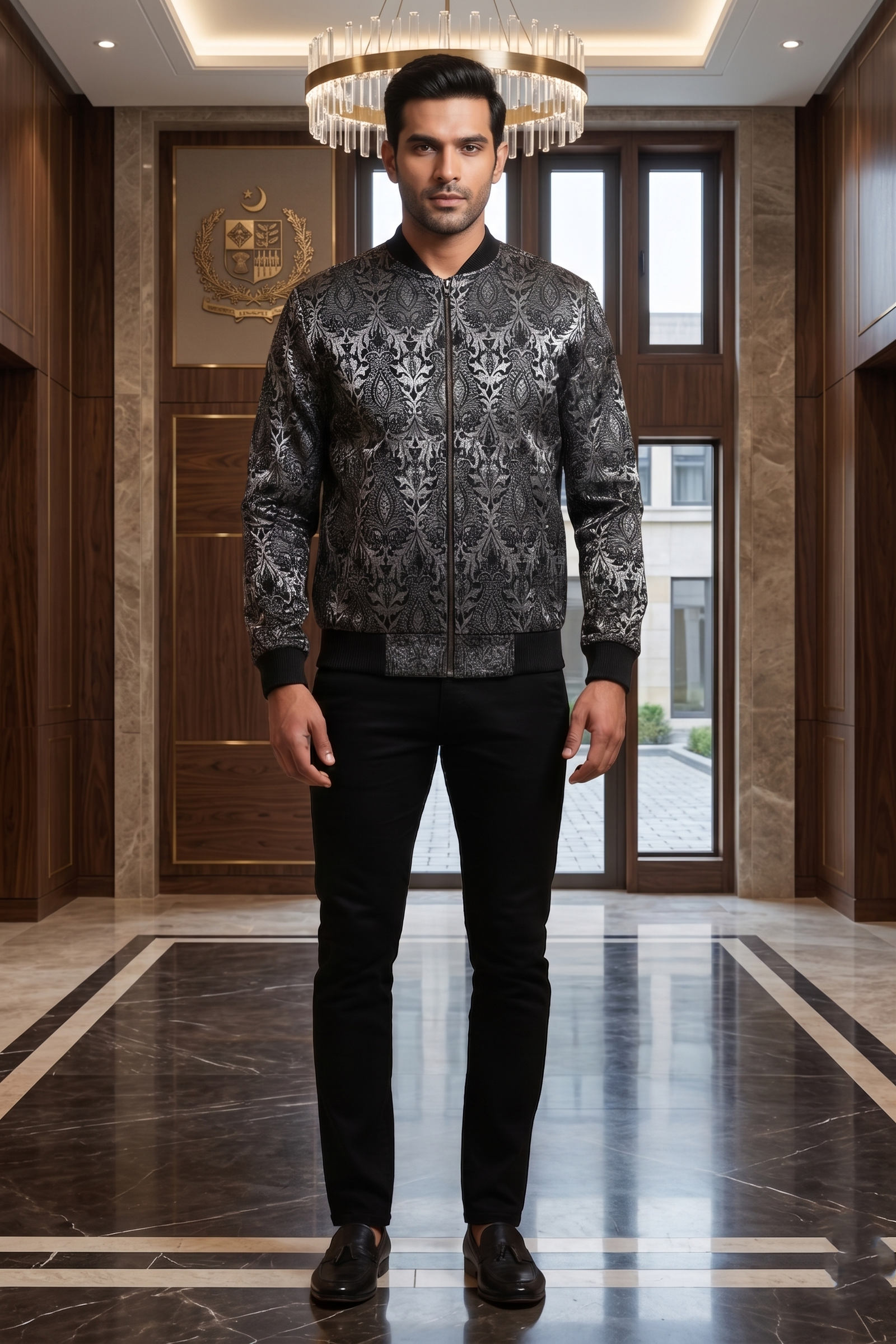 Men's Luxury Metallic Damask Bomber Jacket