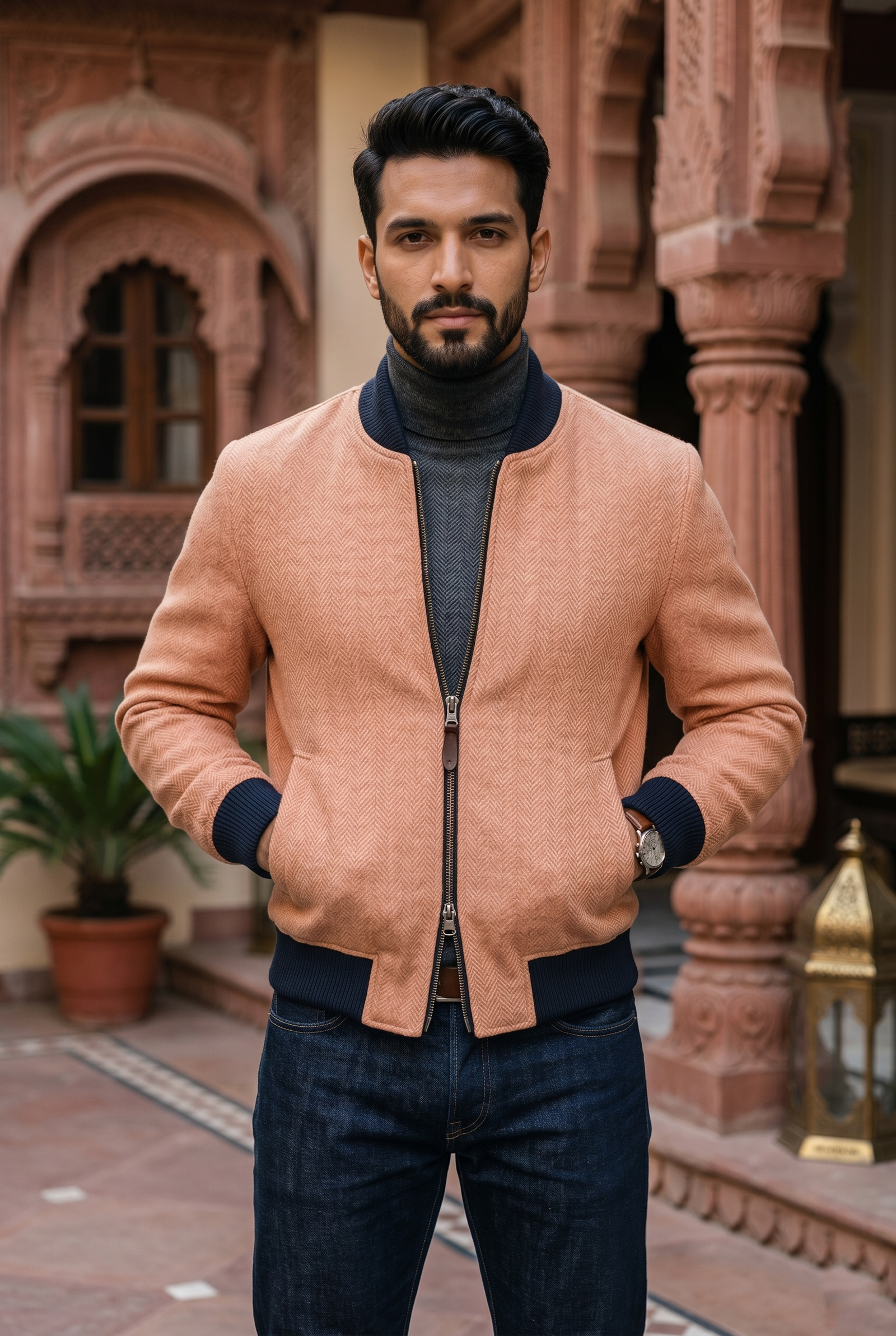 Men's Tweed Bomber Jacket – Classic Peach Terracotta