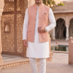 Men's Tweed Nehru Vest – Classic Peach Terracotta Herringbone Nehru Jacket