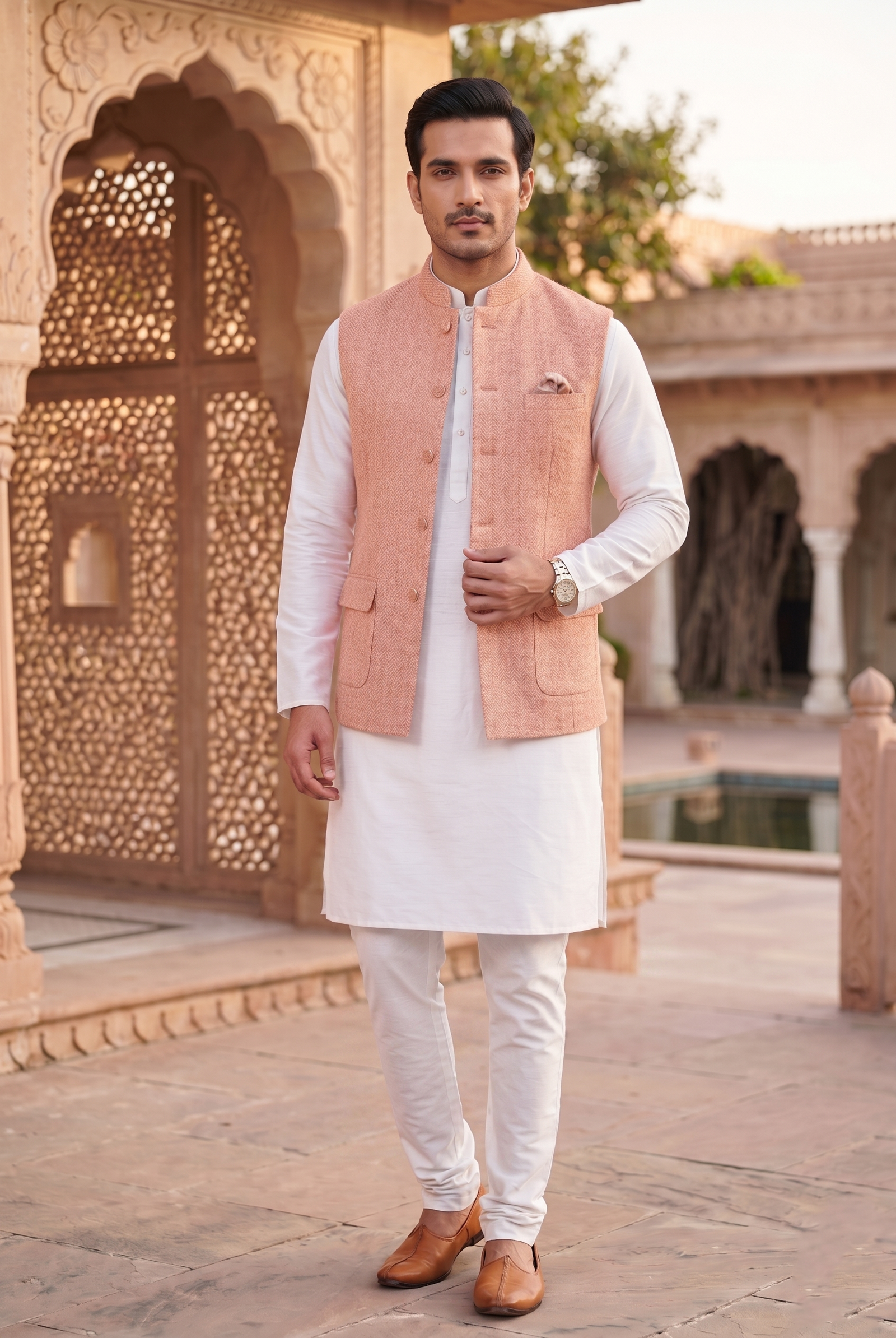 Men's Tweed Nehru Vest – Classic Peach Terracotta Herringbone Nehru Jacket