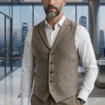 Men's Tweed Waistcoat – Classic Taupe Beige Herringbone Notch Lapel Vest