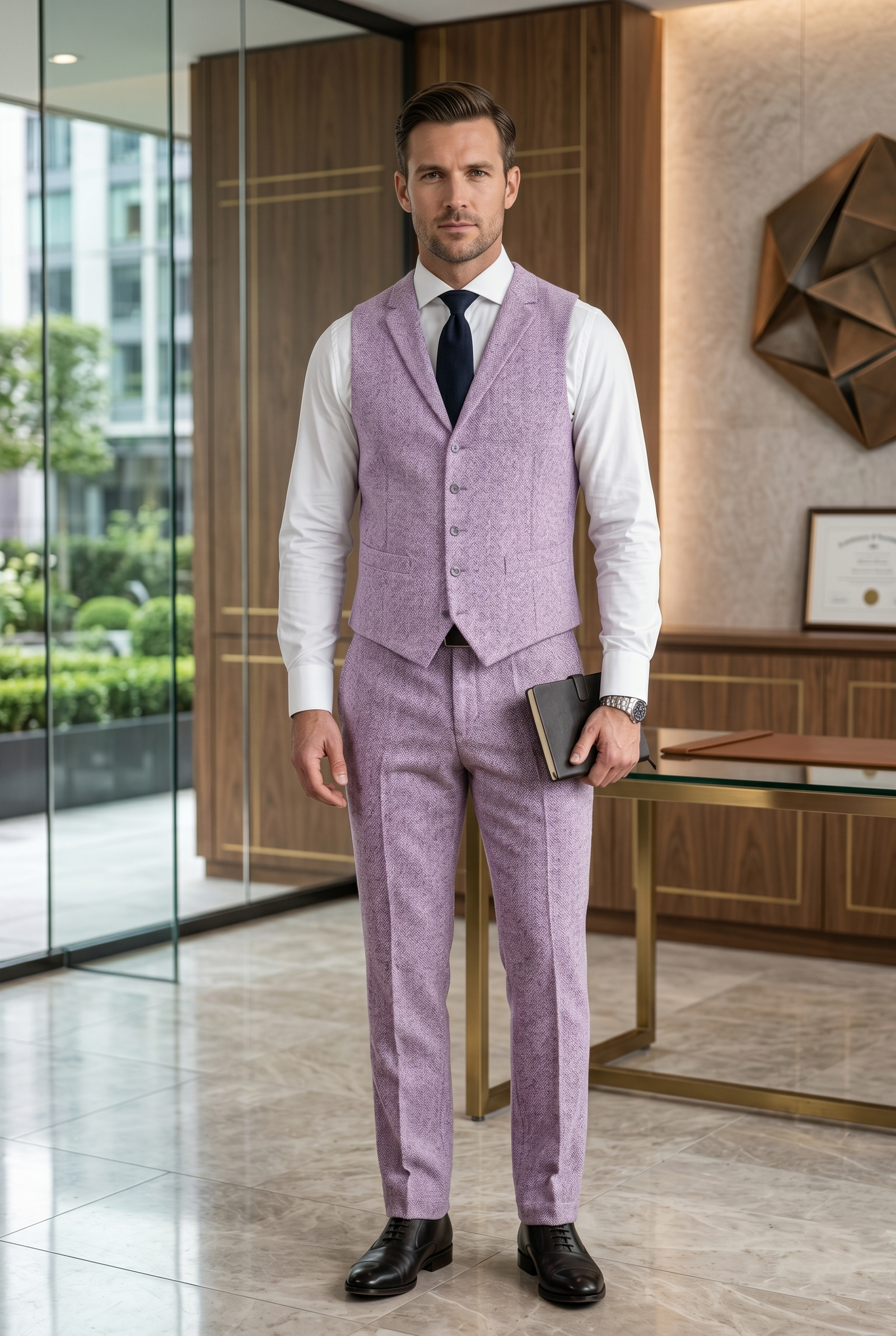Men's Tweed Waistcoat – Classic Lavender Purple Herringbone Notch Lapel Vest