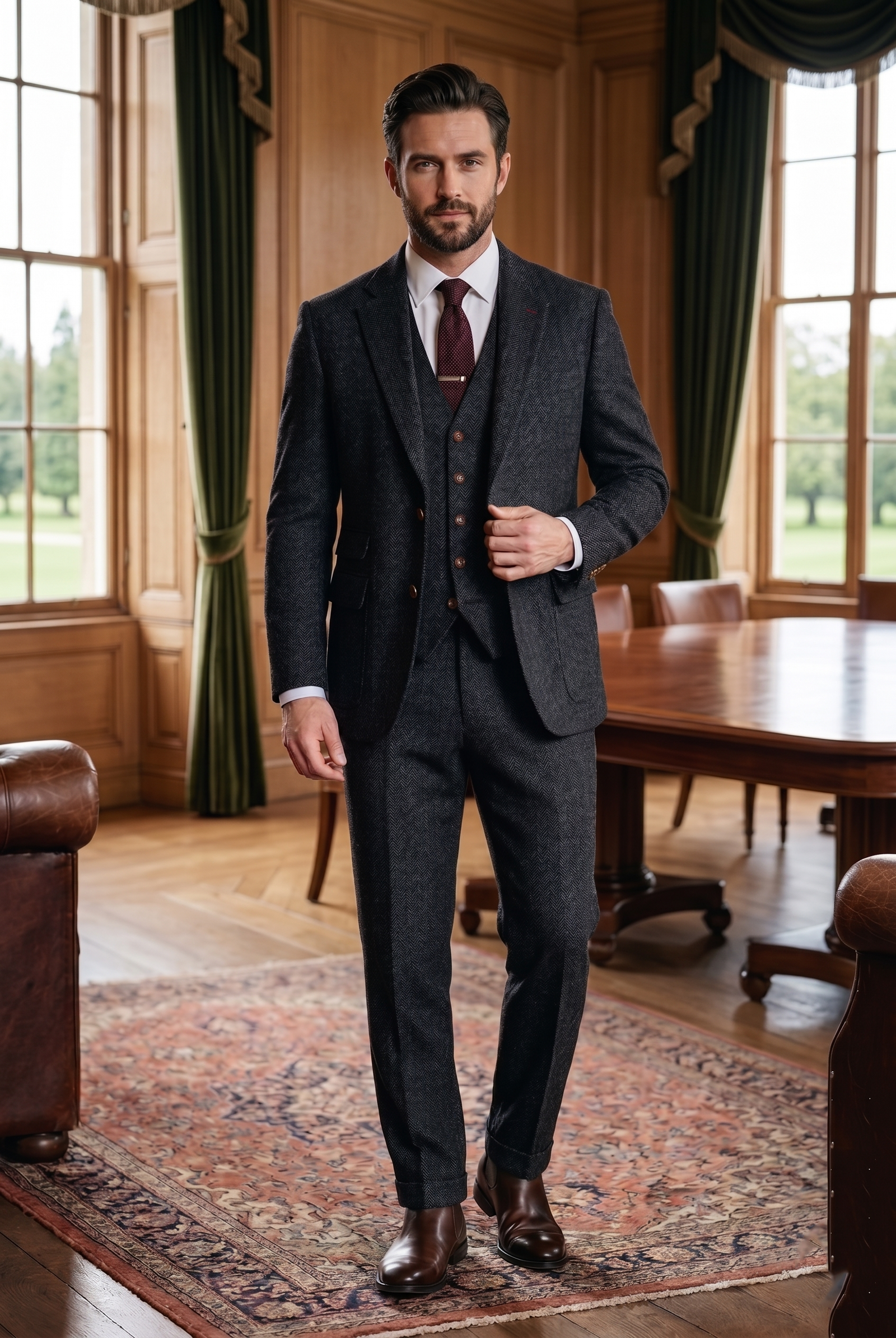 Men's 3-Piece Charcoal Grey Tweed Suit