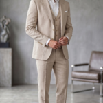 Men's Sand Beige Premium Linen 3-Piece Slim Fit Suit