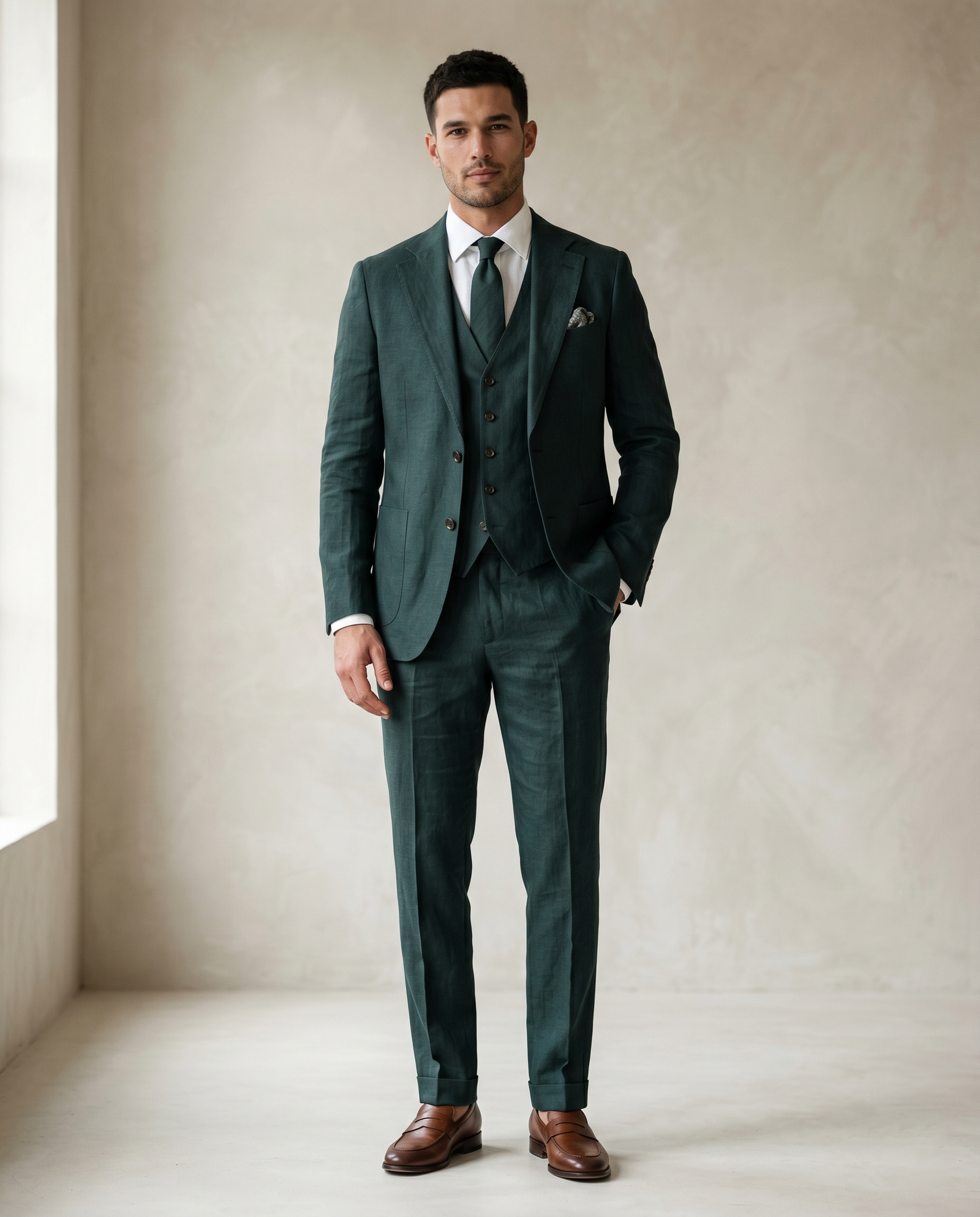 Men's 3-Piece Linen Suit Slim Fit – Dark Forest Green