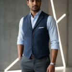 Men's Tweed Waistcoat – Classic Navy Blue Melange Notch Lapel Vest