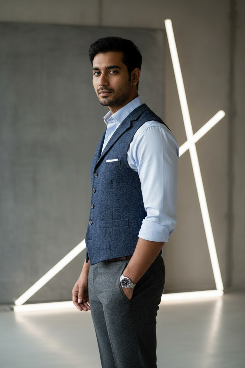 Men's Tweed Waistcoat – Classic Navy Blue Melange Notch Lapel Vest - Image 2