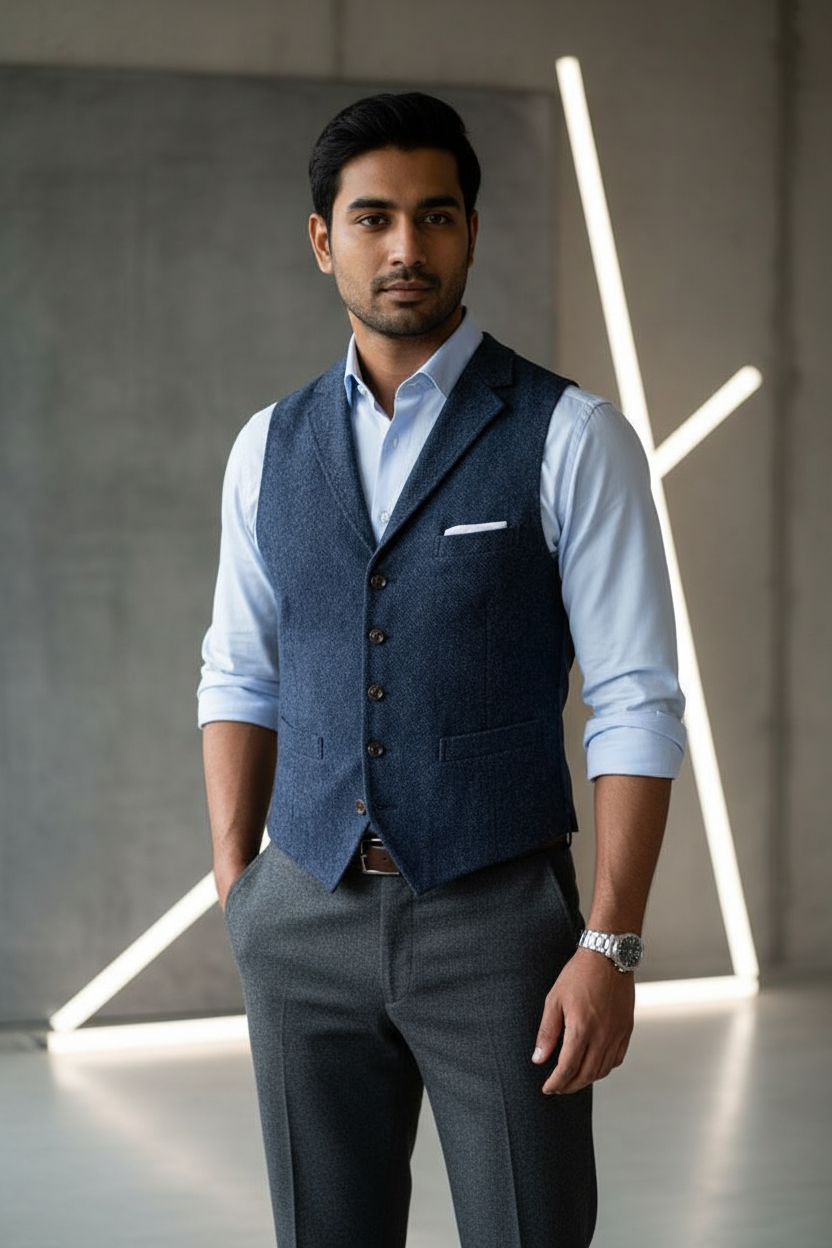 Men's Tweed Waistcoat – Classic Navy Blue Melange Notch Lapel Vest