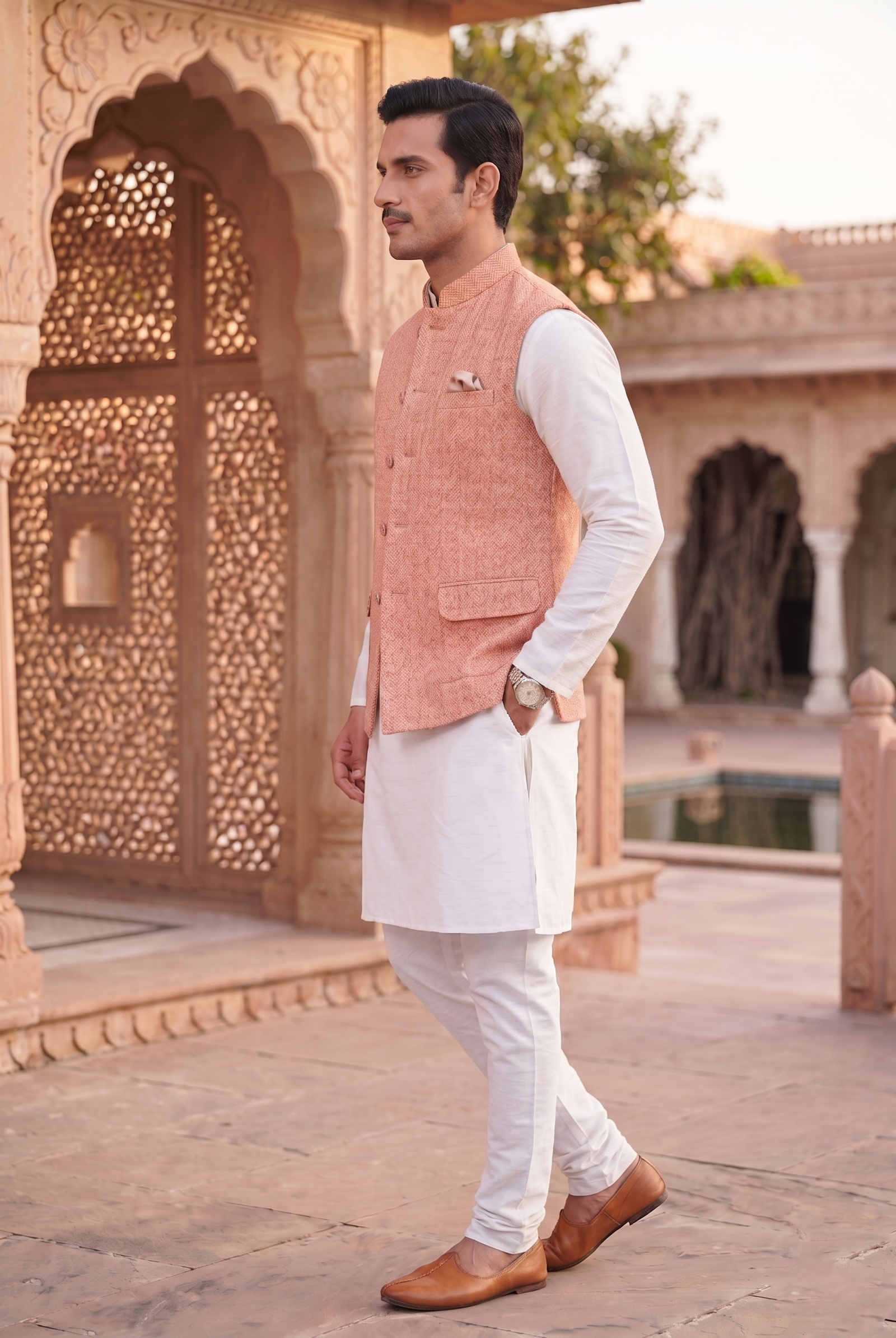 Men's Tweed Nehru Vest – Classic Peach Terracotta Herringbone Nehru Jacket - Image 2