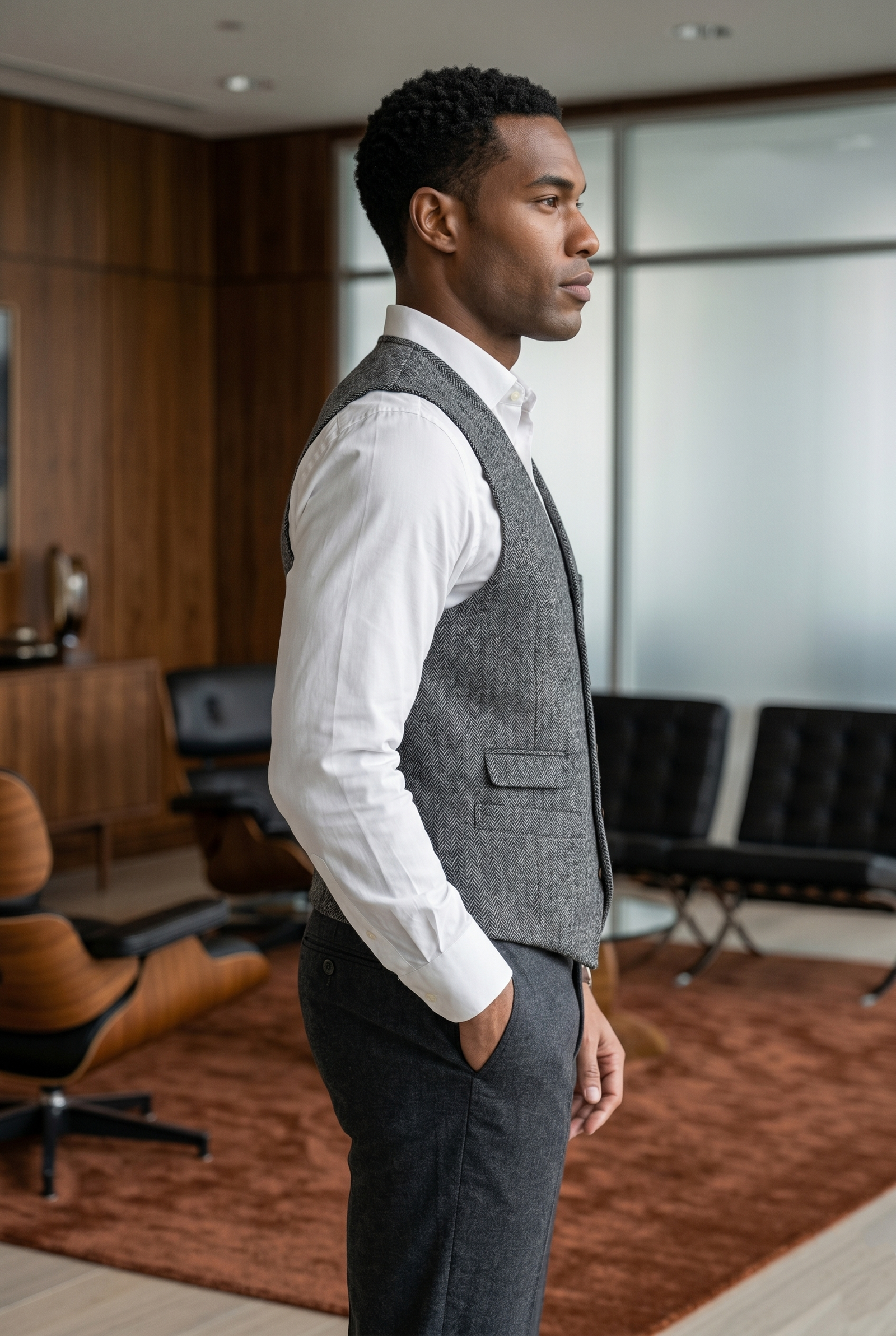 Men's Tweed Waistcoat – Classic Medium Grey Herringbone Vest - Image 2