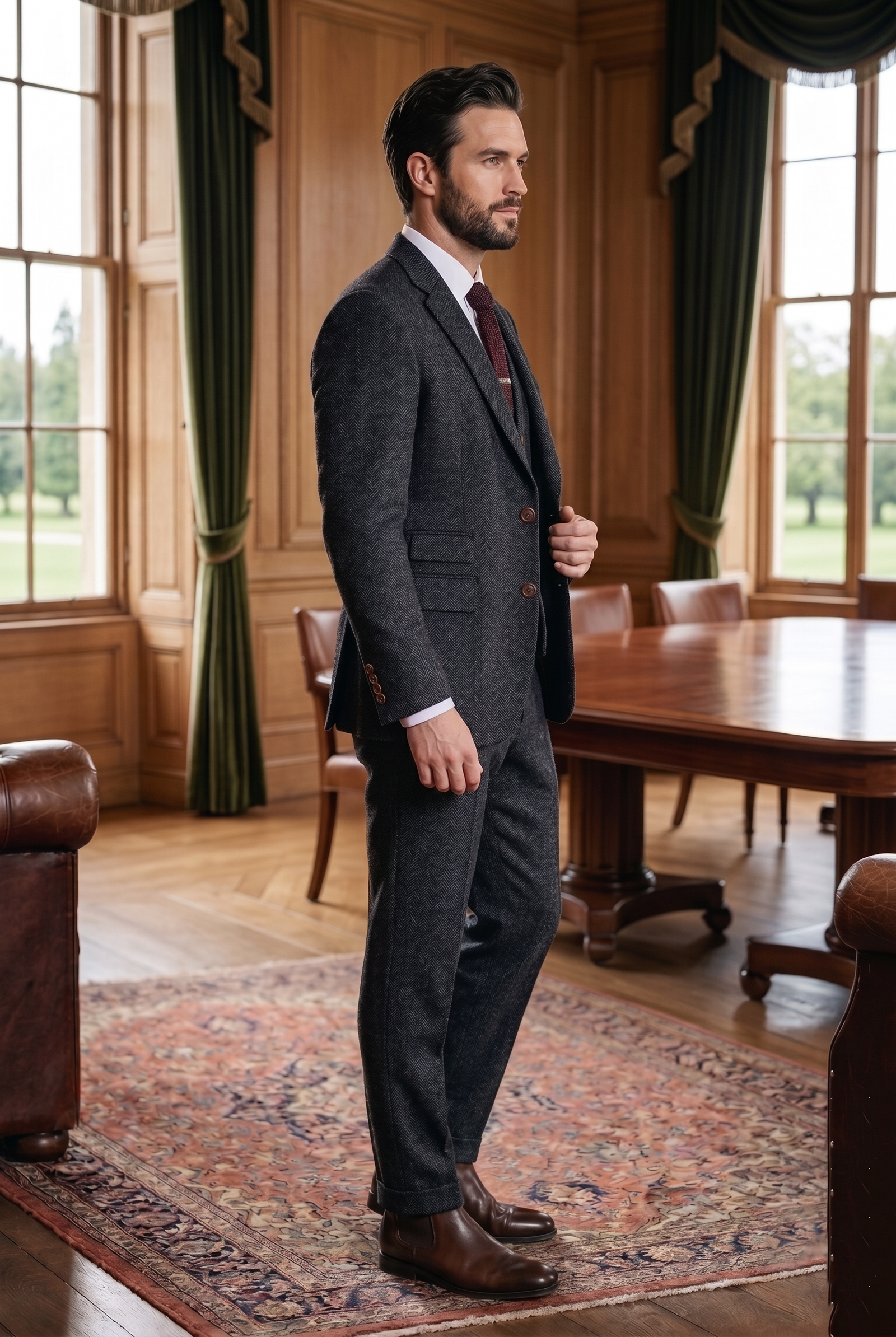 Men's 3-Piece Charcoal Grey Tweed Suit - Image 2