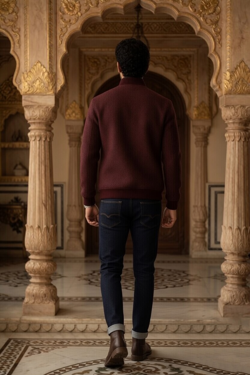 Men's Tweed Bomber Jacket – Classic Maroon Burgundy - Image 3